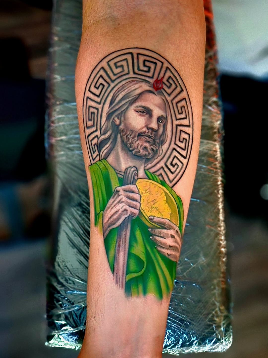 Religious figure realism tattoo on the forearm by Luke Jordan Ink, Louisville, Colorado