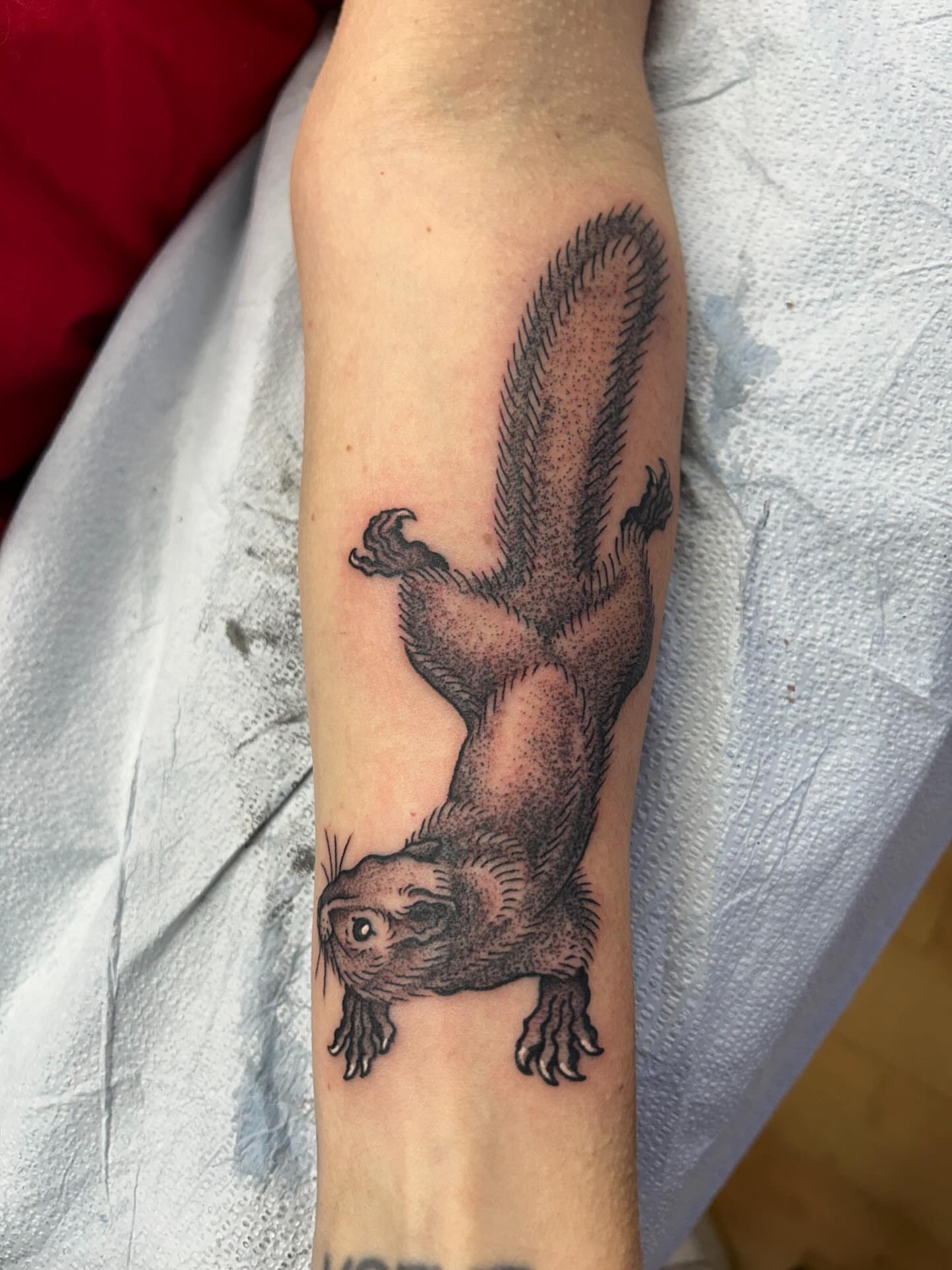 Squirrel dotwork tattoo on the forearm by Matthew Crimson