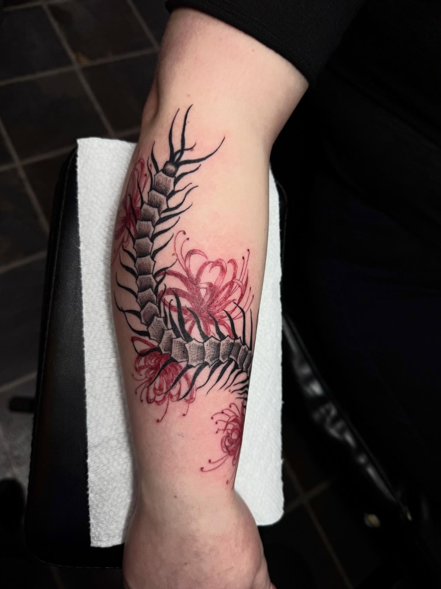 Centipede and flowers realism tattoo on the forearm by olivia reed
