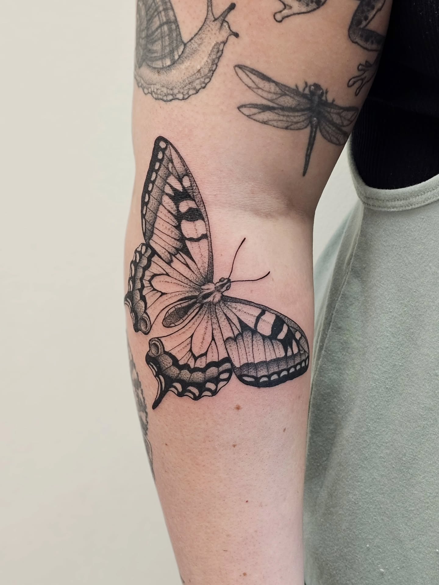 Butterfly black and grey tattoo on the forearm by Kylie Lund