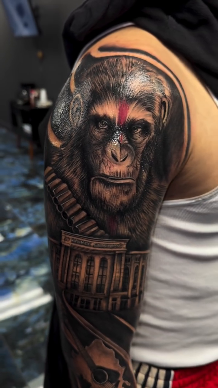 Chimpanzee and architecture realism tattoo by Licensed Tattoo Artist πΈπ»