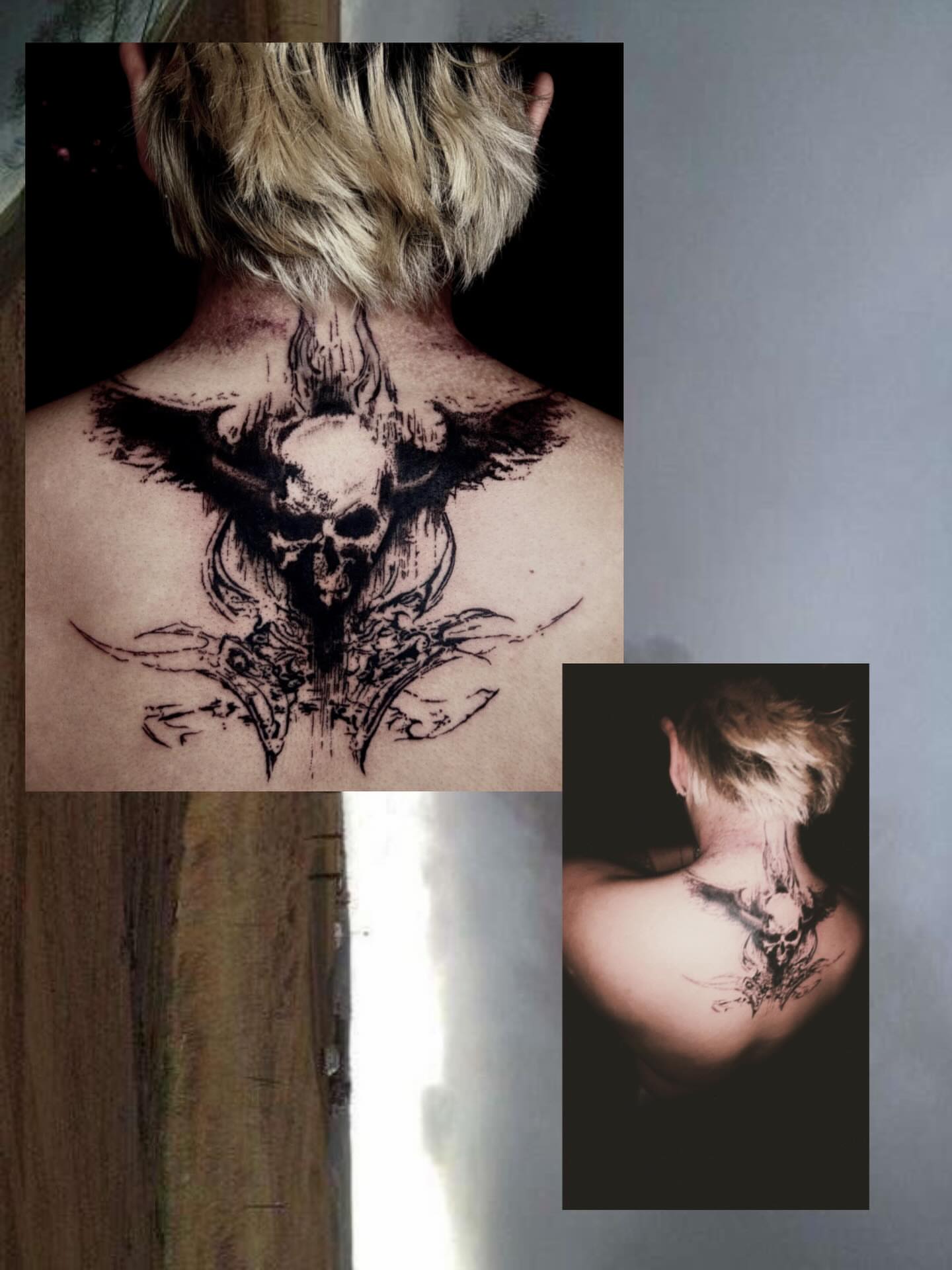 Skull and wings dark realism tattoo on the back by Dev