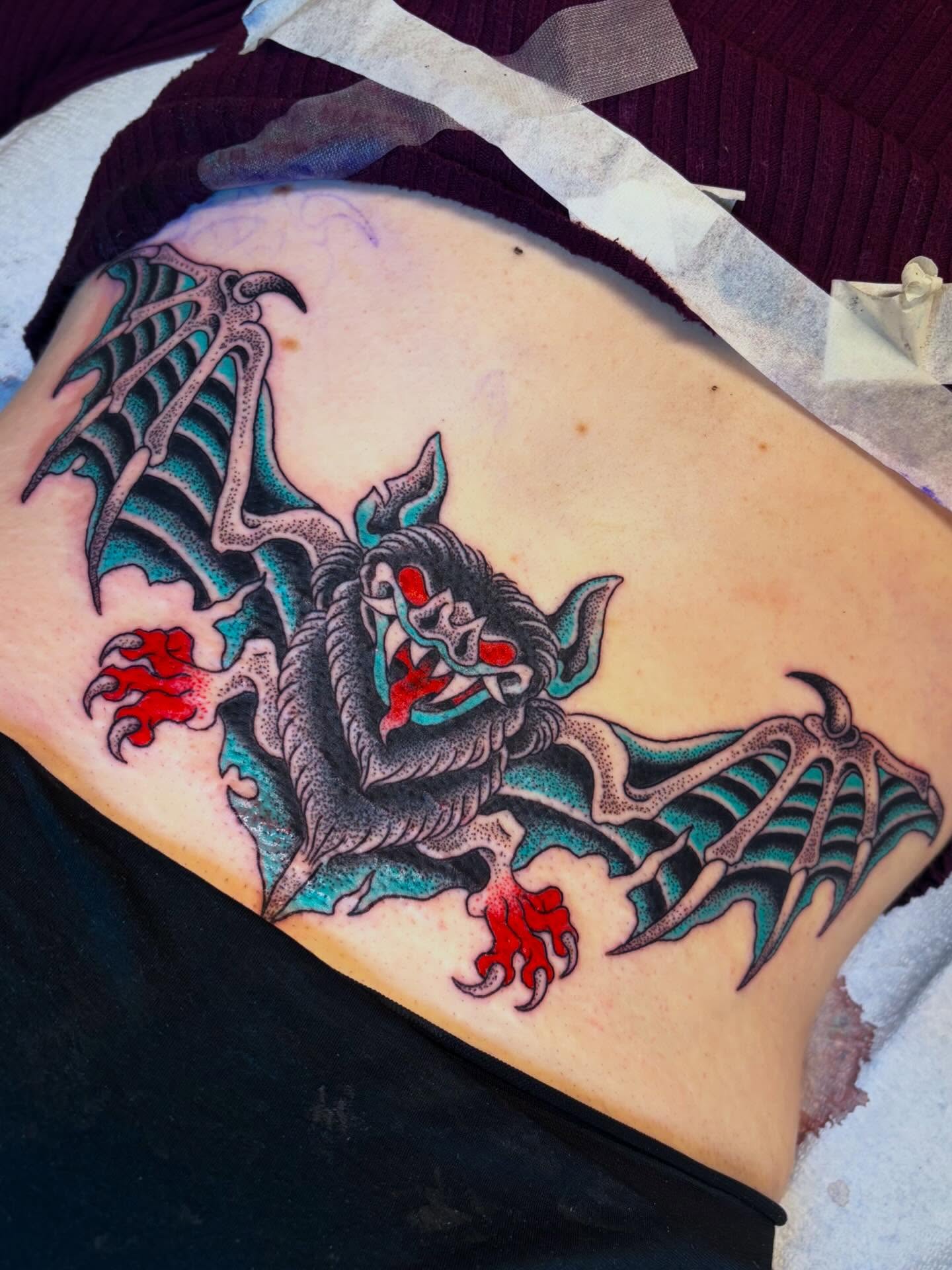 Demon American traditional tattoo on the ribs by ☠︎ ︎𝗘𝗩𝗔 ☠︎︎