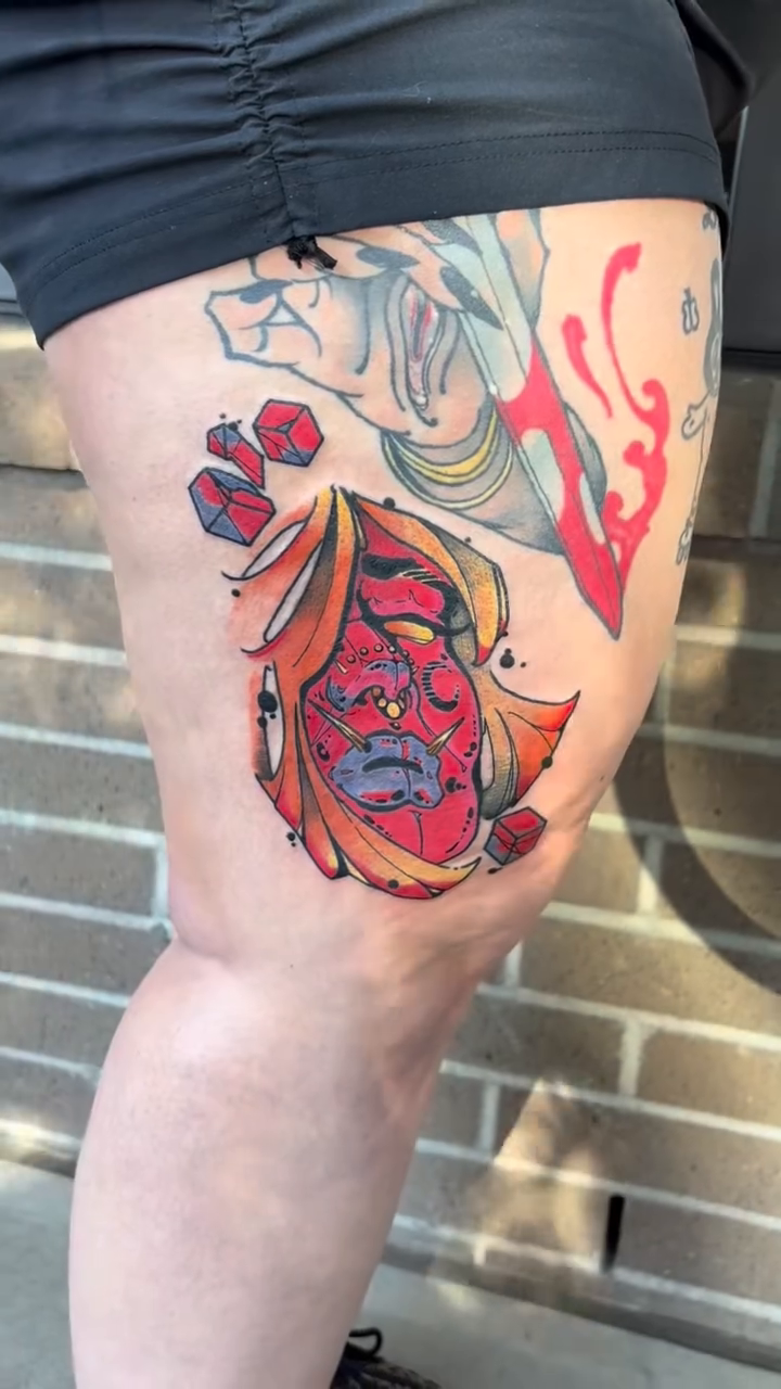 Oni mask with dice japanese irezumi tattoo by Ghost Ham Tattoos