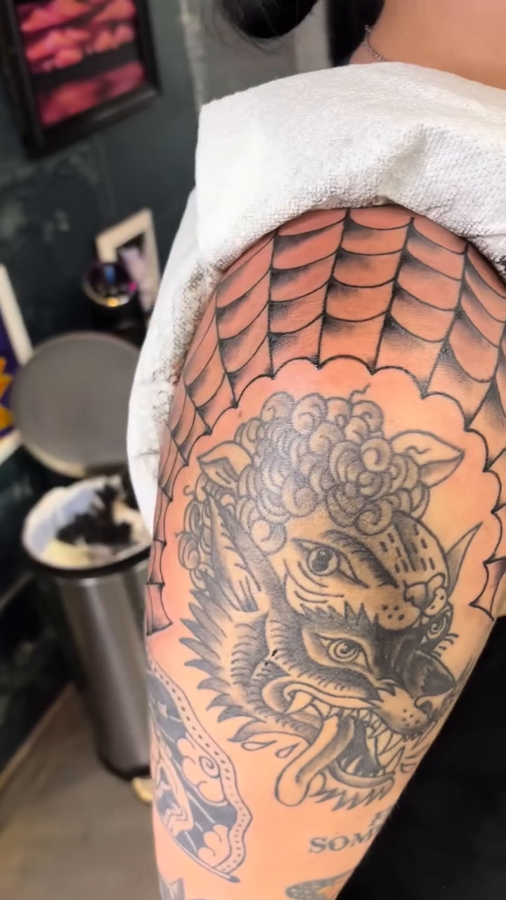 Dragon and wolf heads with spiderweb japanese irezumi tattoo by Sara