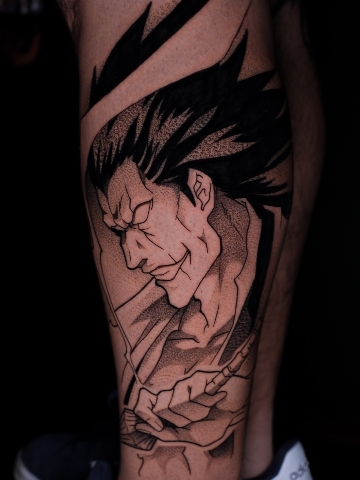 Anime character dotwork tattoo on the forearm by Yakir, Houston, Texas