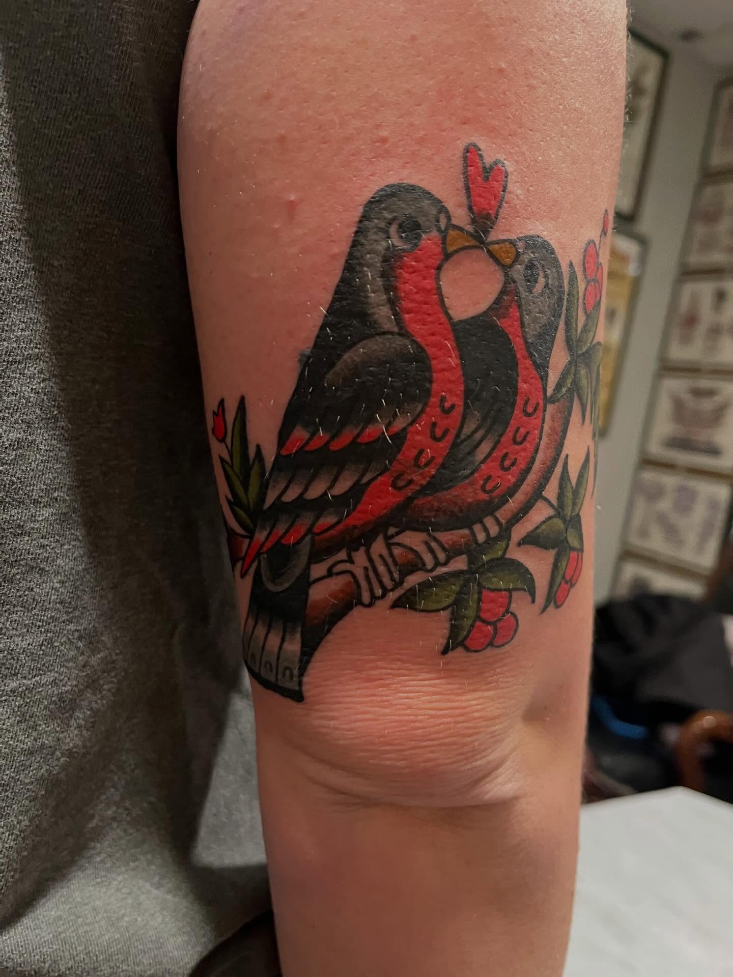 Birds and cherries American traditional tattoo on the forearm by P R O P H e T T R A V I S