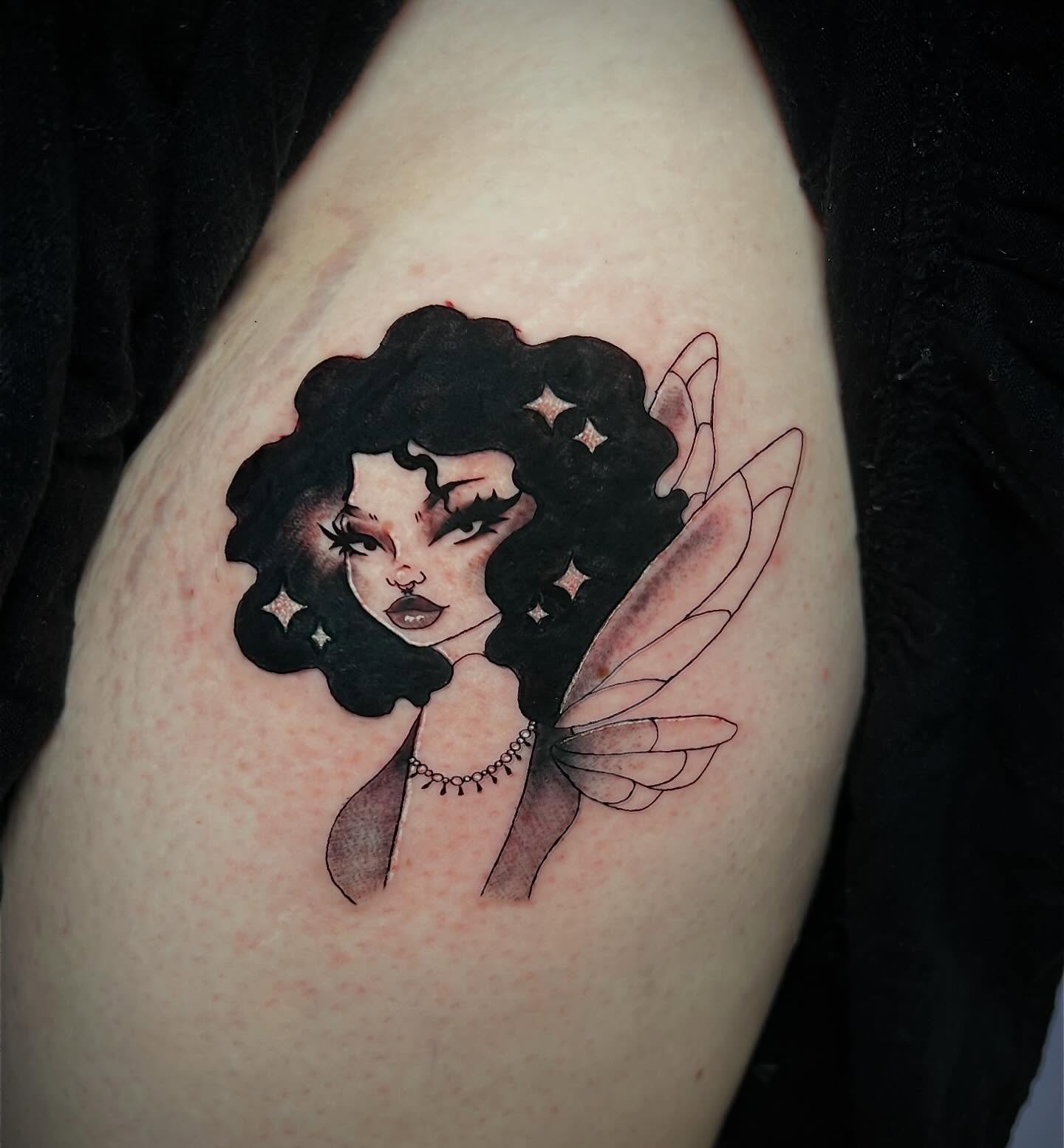 Fairy black and grey tattoo on the thigh by elly, Oakham