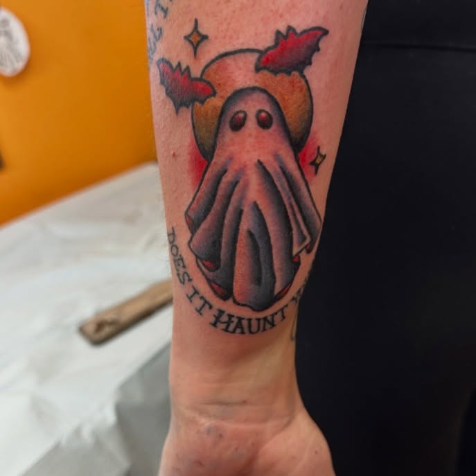 Ghost American traditional tattoo on the forearm by norawillstattoo