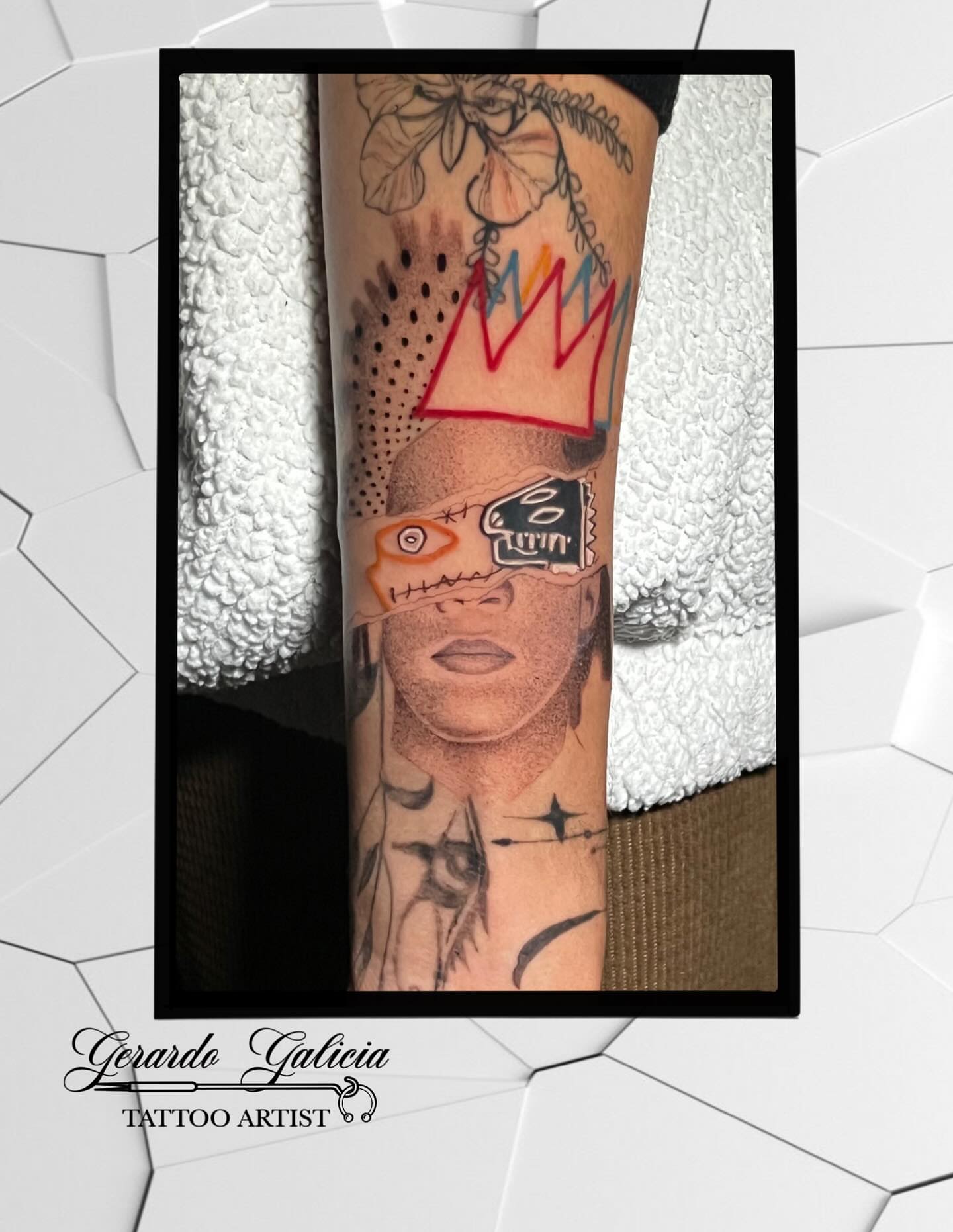 Portrait with crown realism tattoo on the forearm by Gerardo Galicia, New York, New York