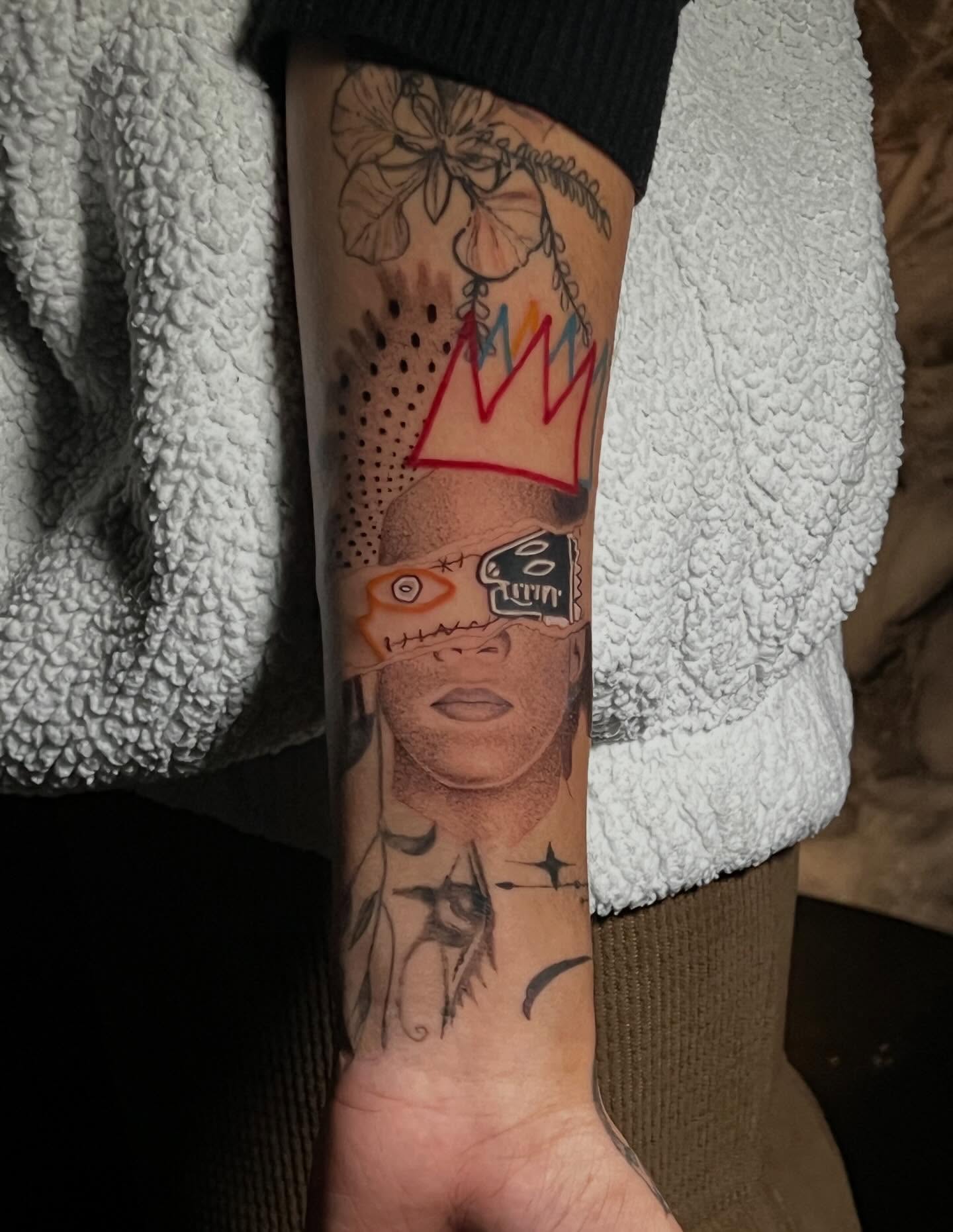 Portrait with crown dotwork tattoo on the forearm by Gerardo Galicia, New York, New York