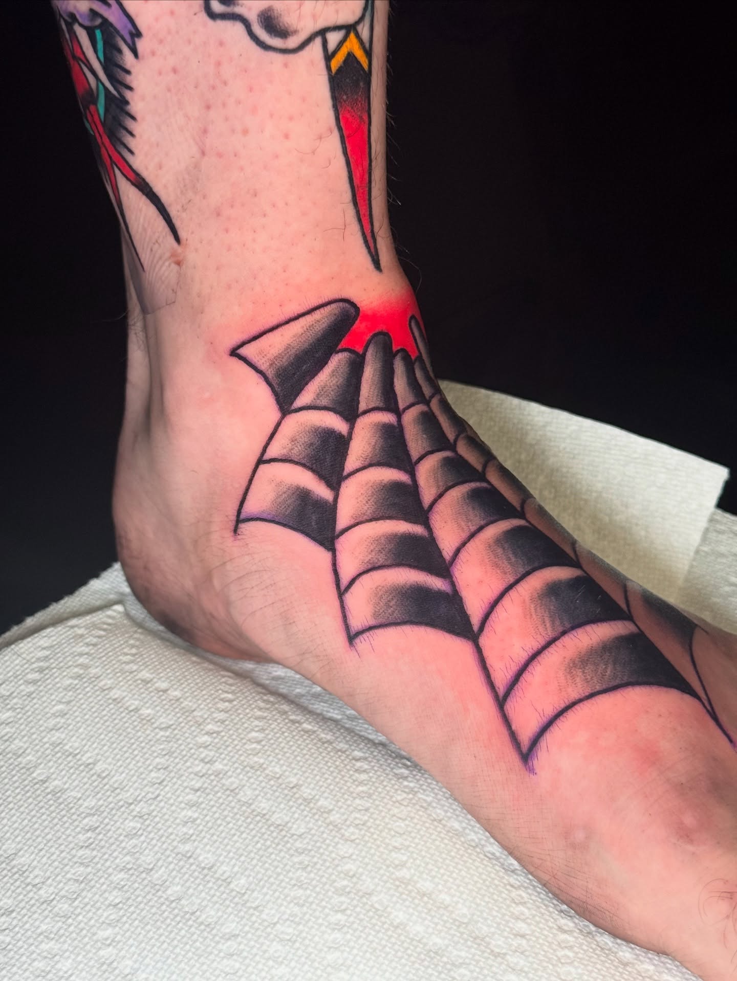 Spiderweb American traditional tattoo on the foot by Kenneth Gibson