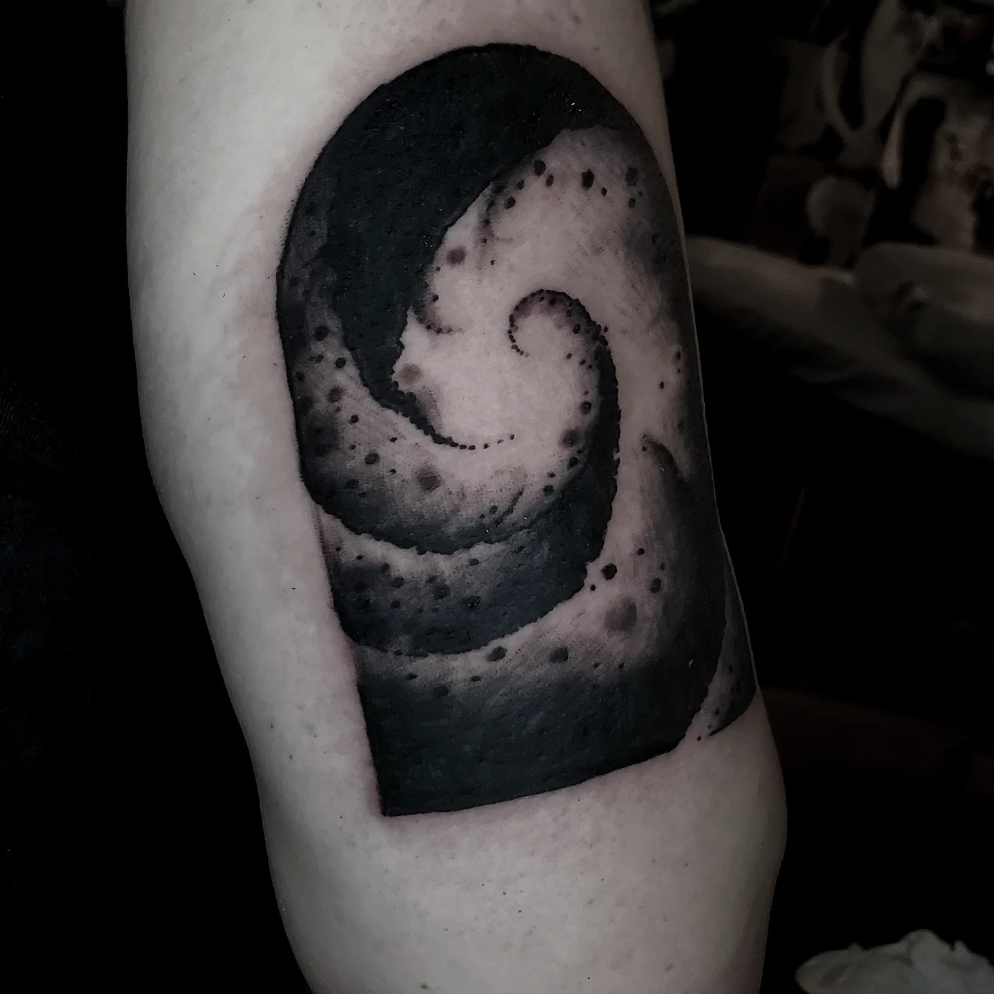 Abstract spiral dotwork tattoo on the forearm by ✙ 𝐉𝐃 𝐒𝐩𝐫𝐨𝐮𝐥 ✙, Austin, Texas