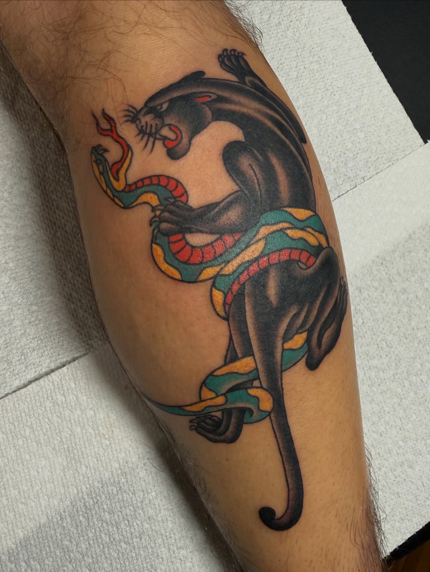 Panther and snake American traditional tattoo on the forearm by Hannah Edwards, Austin, Texas