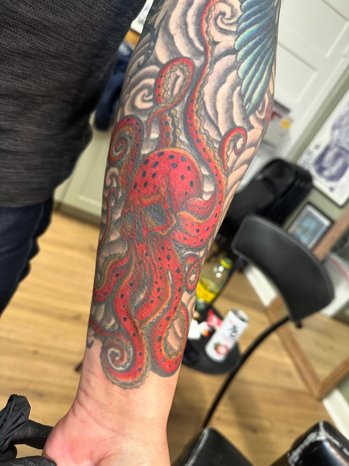 Octopus dotwork tattoo on the forearm by Kaylee Woods