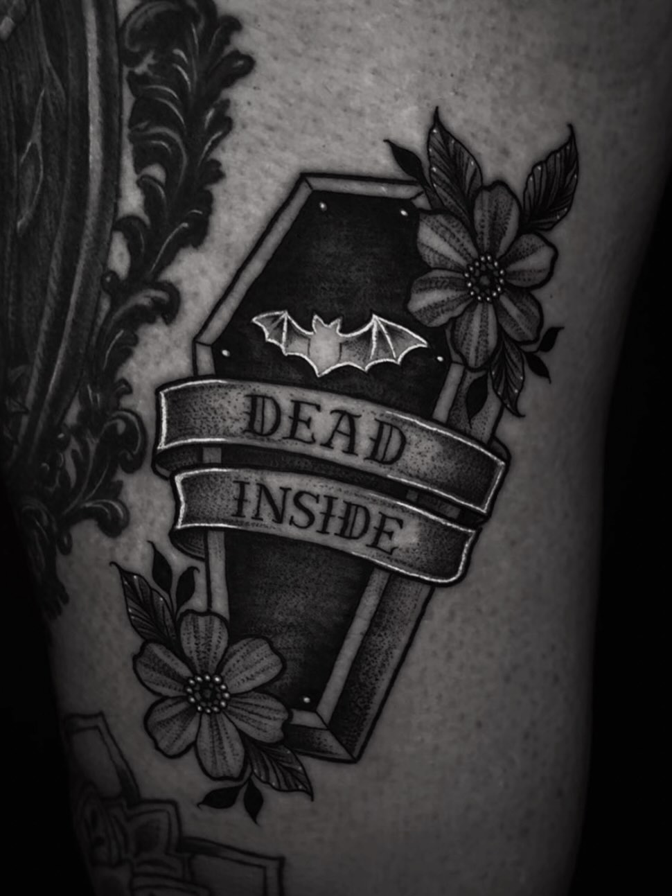 Coffin with bat American traditional tattoo on the forearm by ๐ถ๐๐๐๐ ๐ฝ๐๐๐๐๐