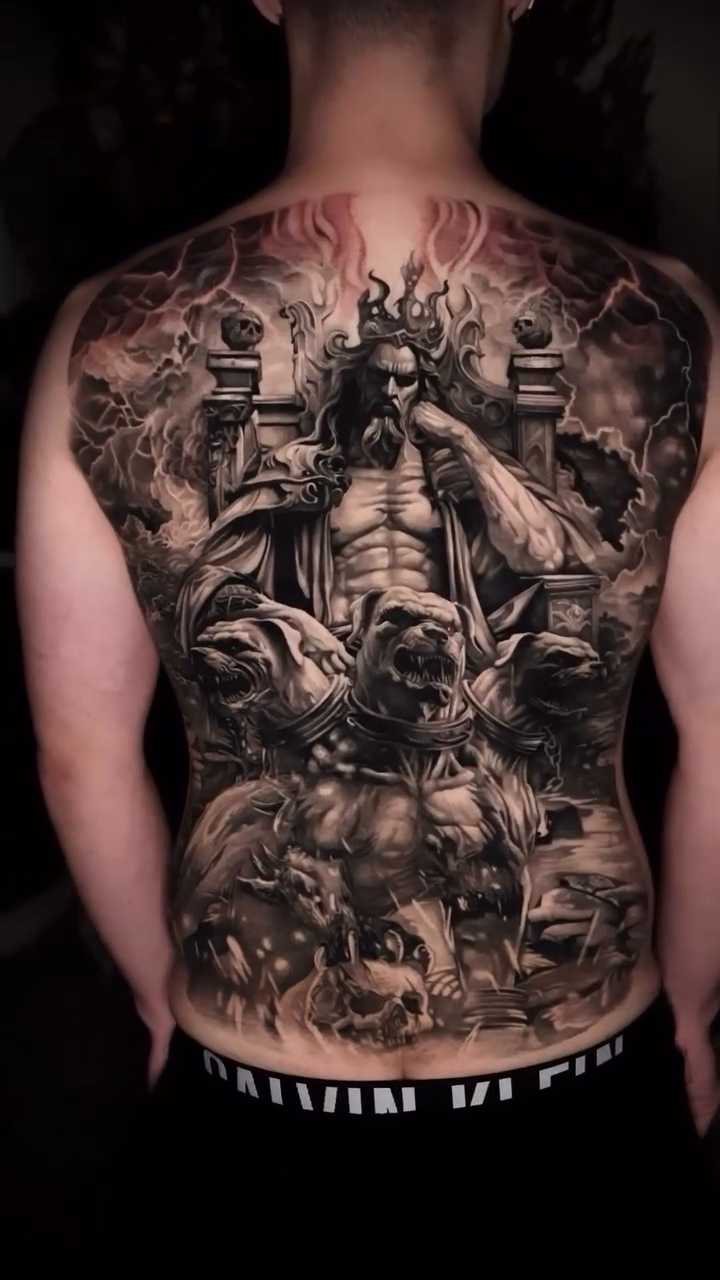 Mythological figure on throne with demons dark realism tattoo by D A N N y L I N