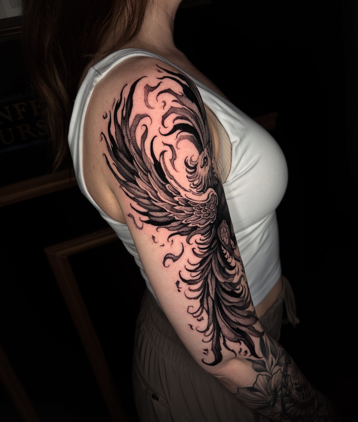 Flame black and grey tattoo on the upper arm by ๐ฎ๐๐๐ ๐ท๐๐๐๐ ๐ฑ๐๐๐๐๐