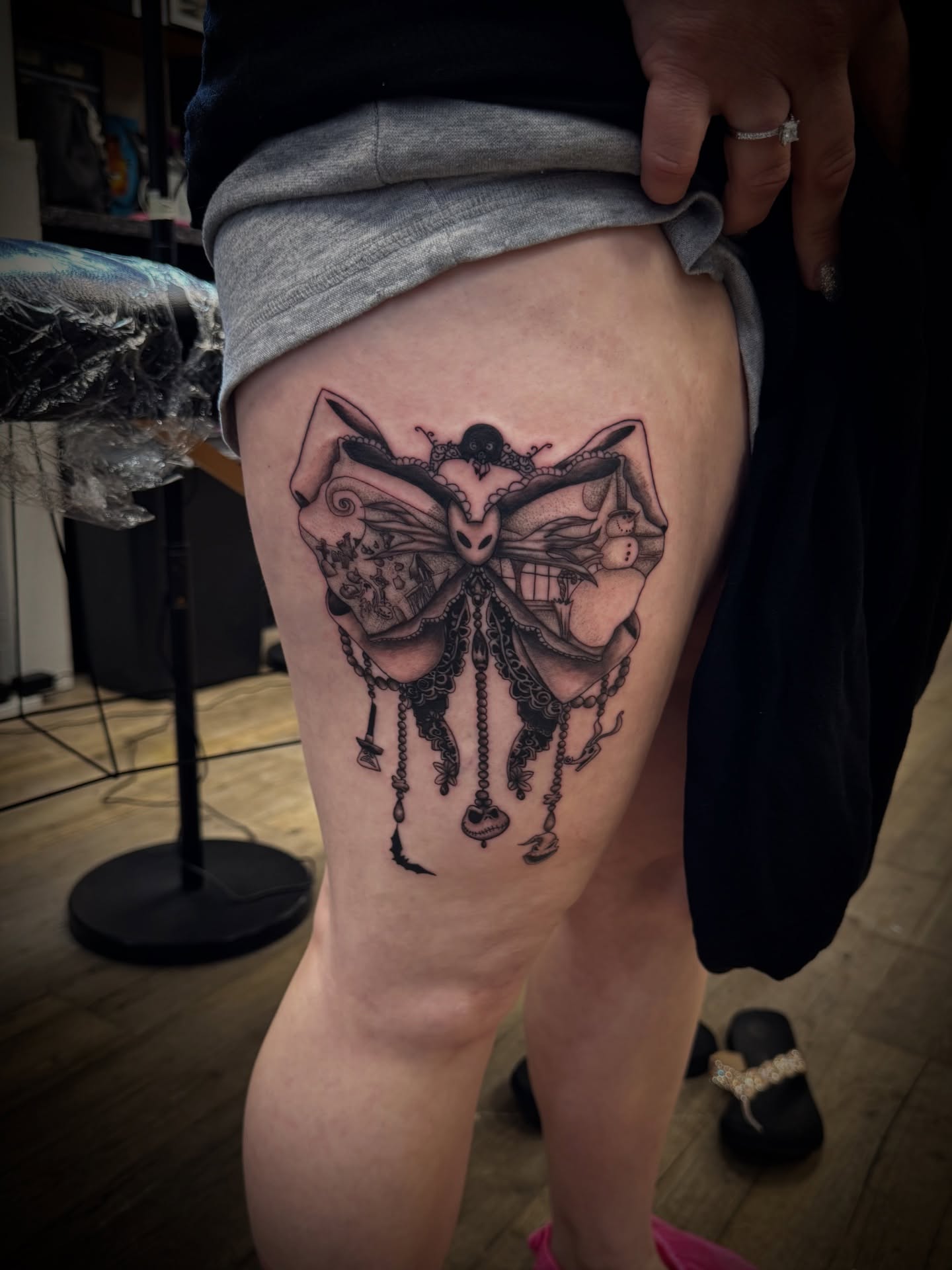 Butterfly black and grey tattoo on the thigh by Gianna G