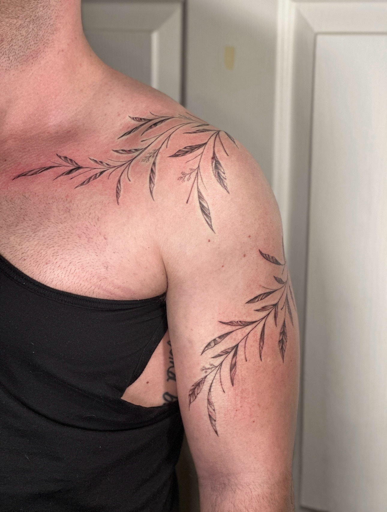 Branch black and grey tattoo on the shoulder by Nashville Tattoo Artist - Nicolette Madlyne