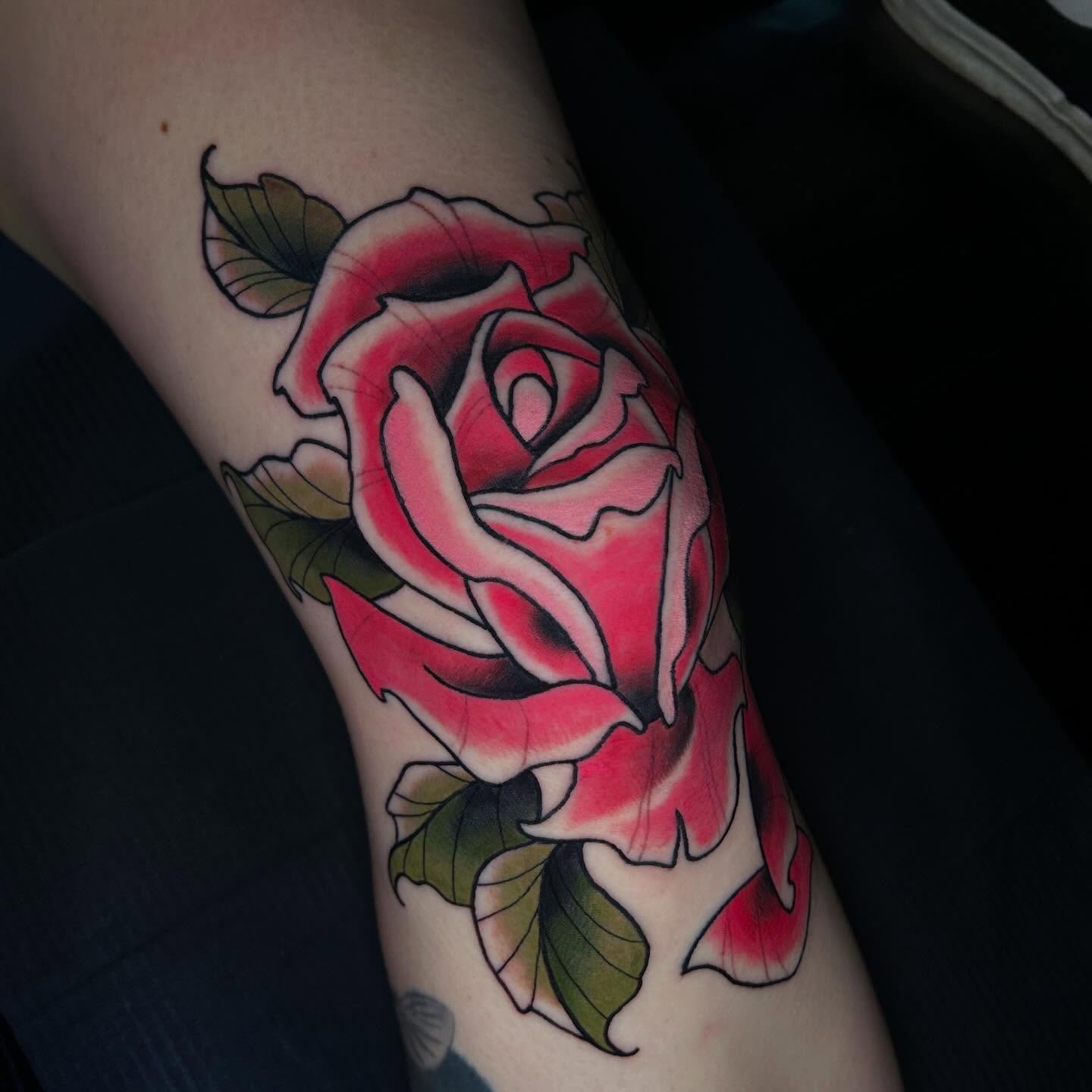 Rose American traditional tattoo on the forearm by 𝕸𝖞𝖆