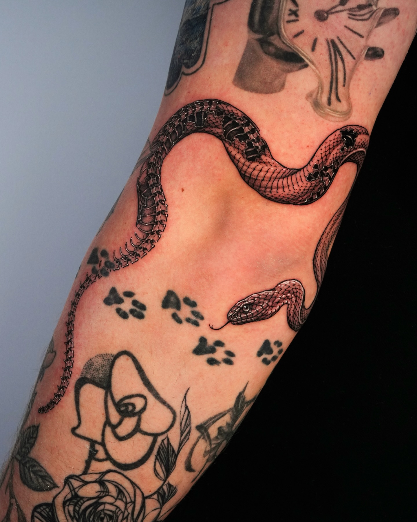 Snake and paw prints black and grey tattoo on the forearm by Intat