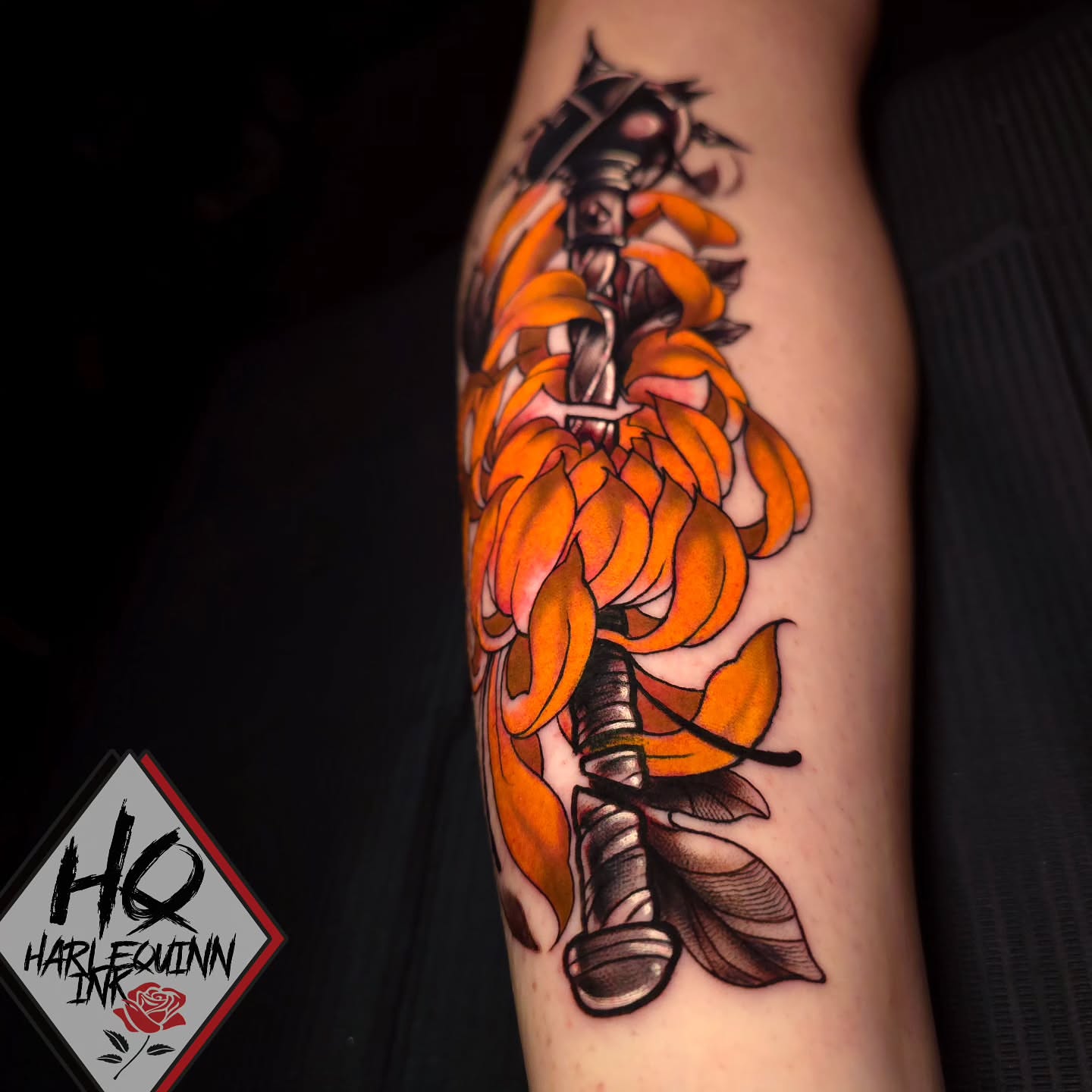Flame and sword neo-traditional tattoo on the forearm by HarleQuinn_Ink