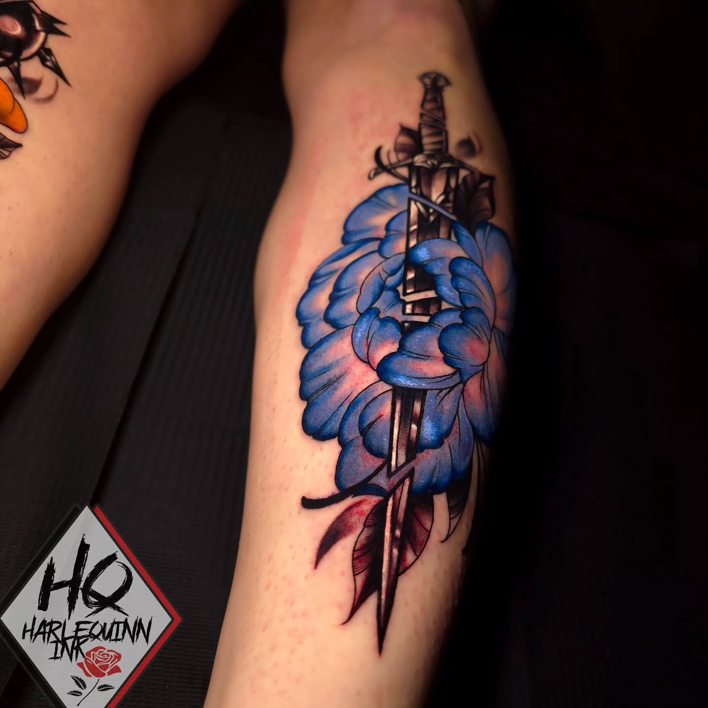 Sword and flower American traditional tattoo on the forearm by HarleQuinn_Ink