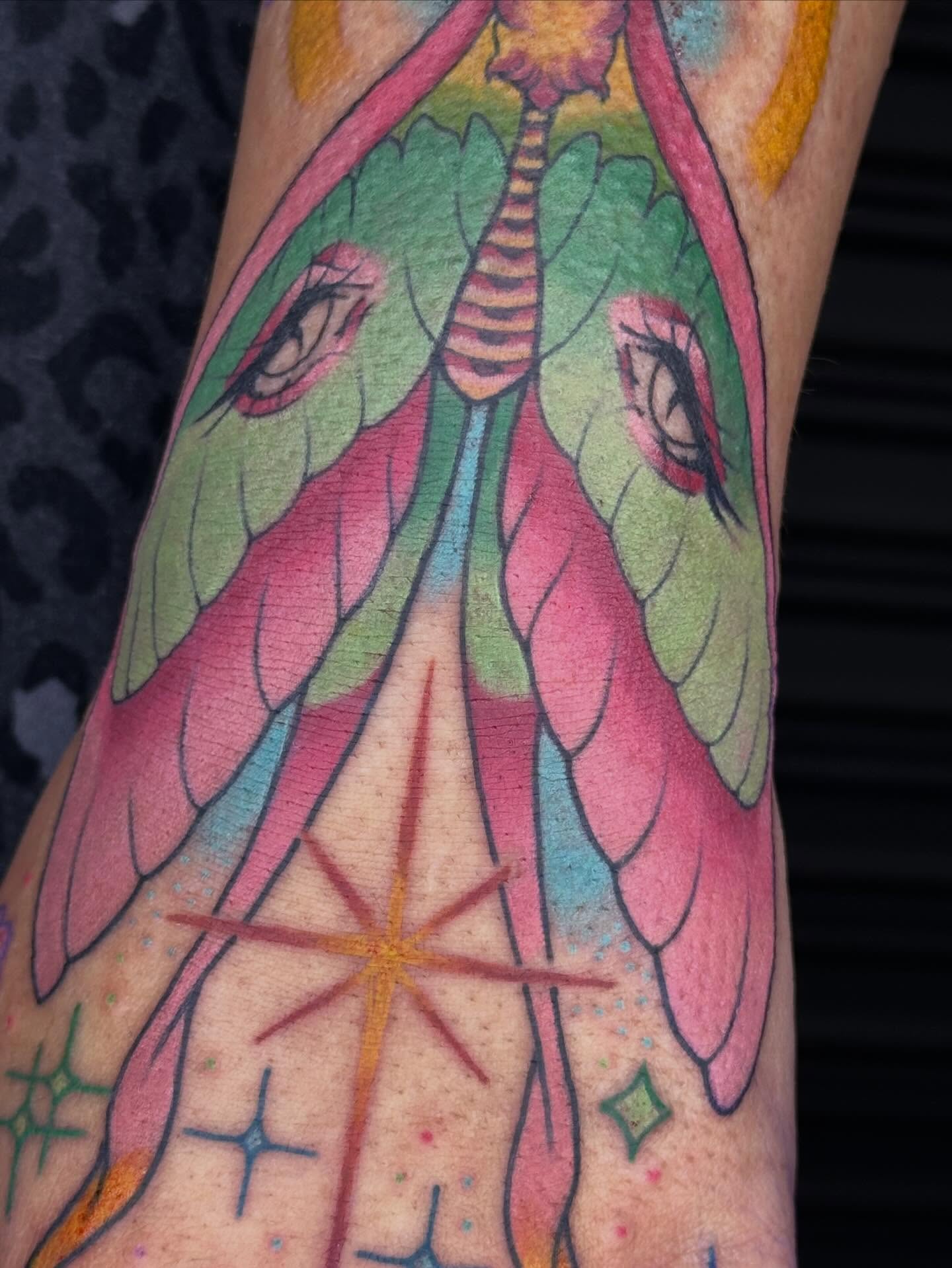 Moth American traditional tattoo on the forearm by 𝔅𝔞𝔱𝔅𝔬𝔫𝔢 🦇Mariah Hernandez