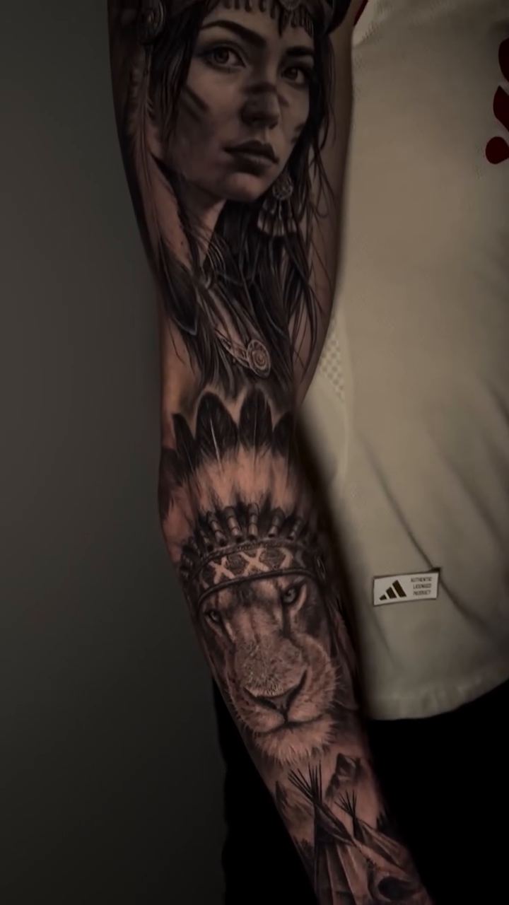 Native American woman and lion realism tattoo by Cipri Suciu