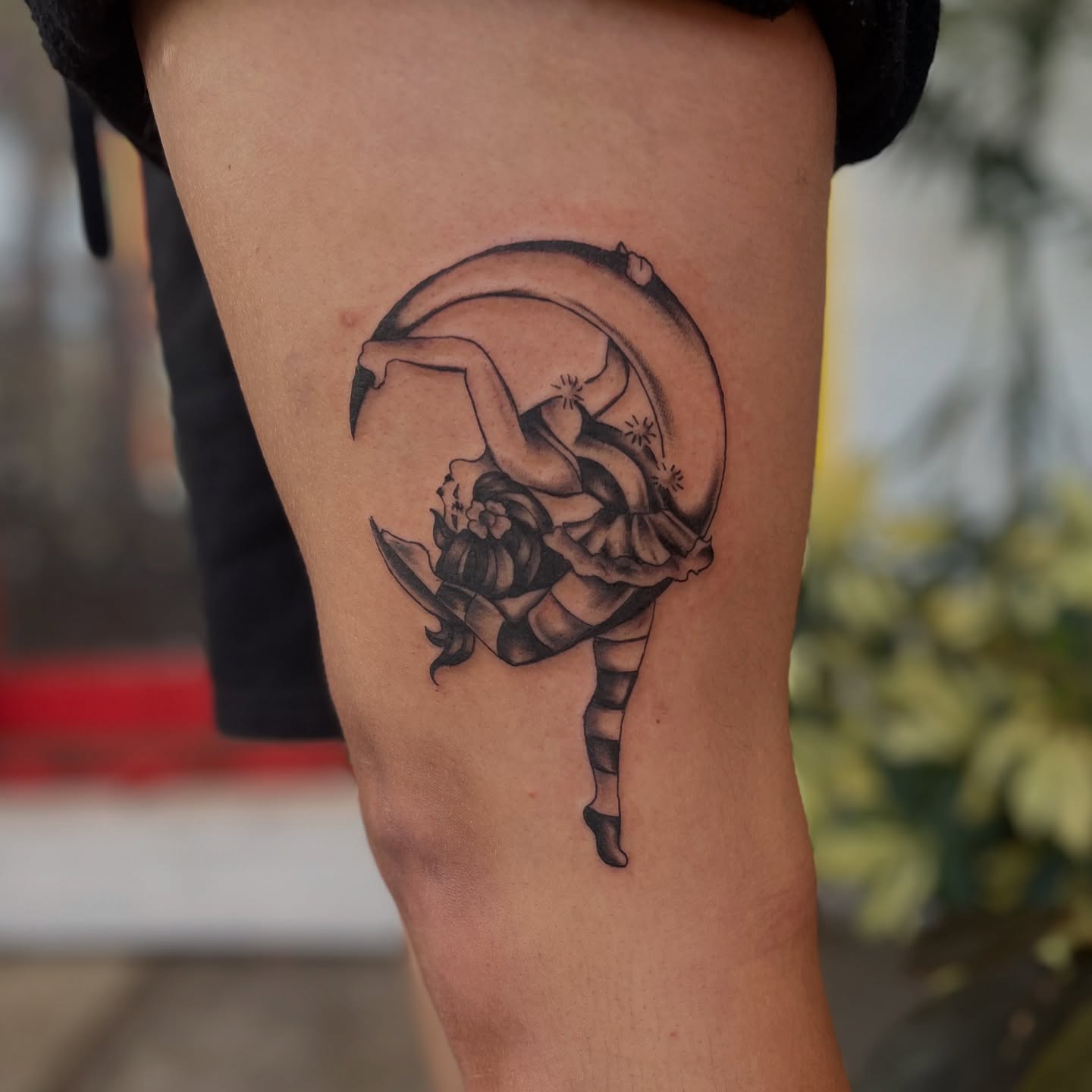 Ballerina black and grey tattoo on the thigh by ✨ Chris ✨