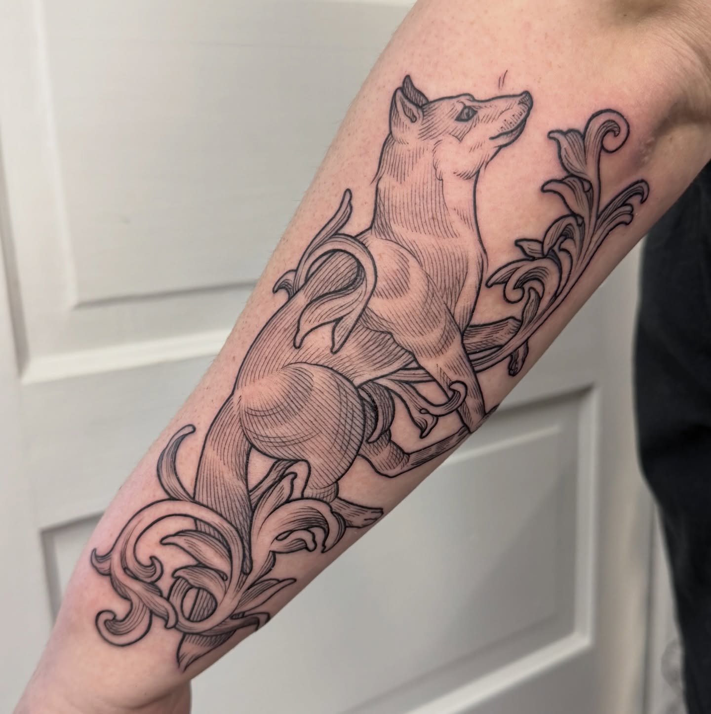 Fox black and grey tattoo on the forearm by Taylor 🍂☕️
