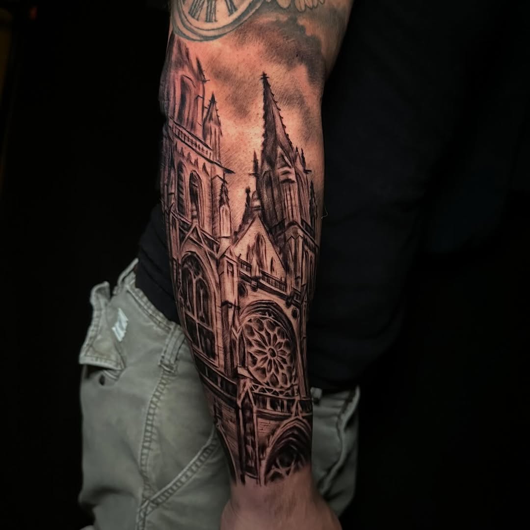Gothic cathedral dark art tattoo on the forearm by Comfy Chris Fettig