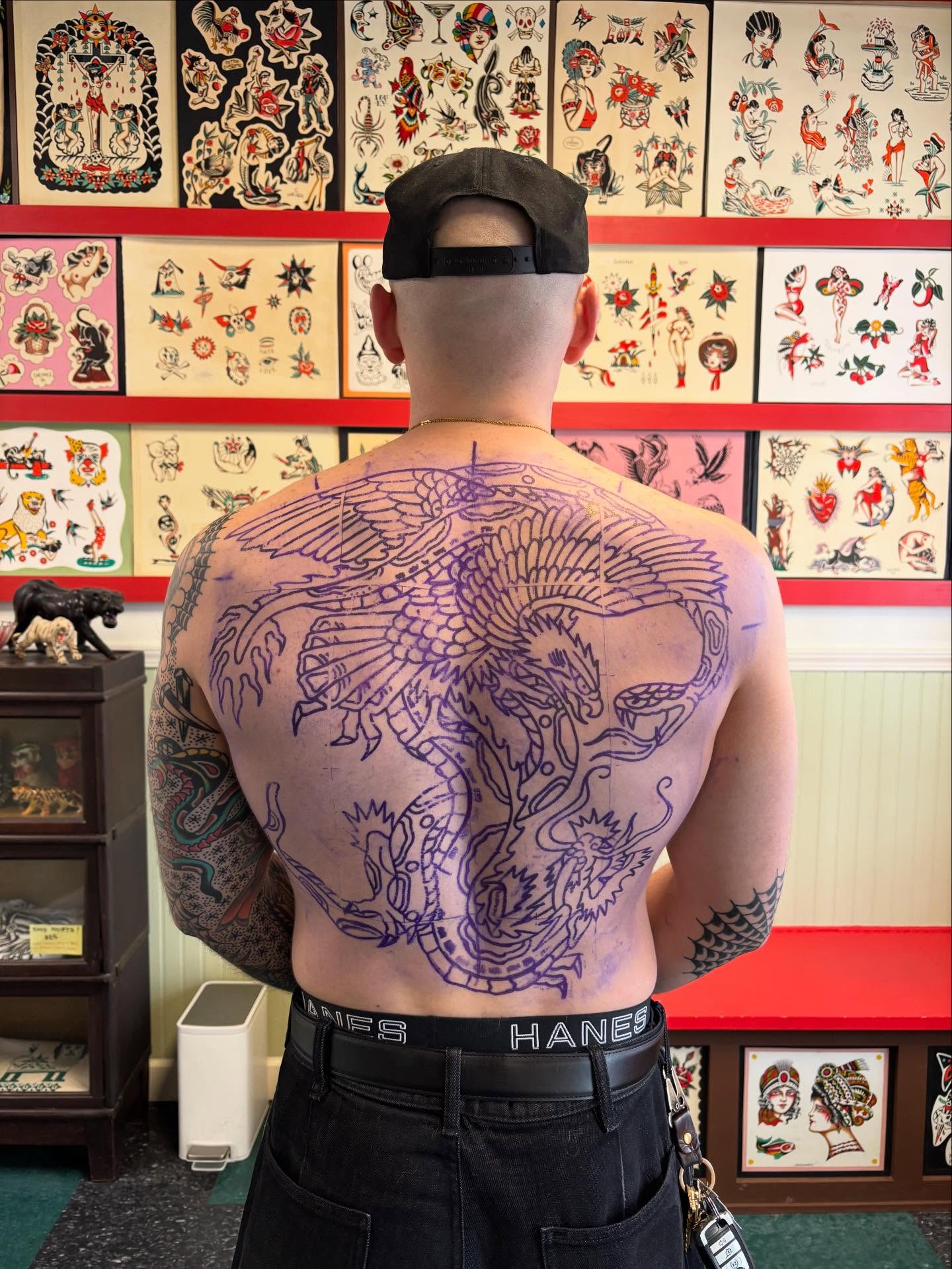 Dragon American traditional tattoo on the back by 🌹