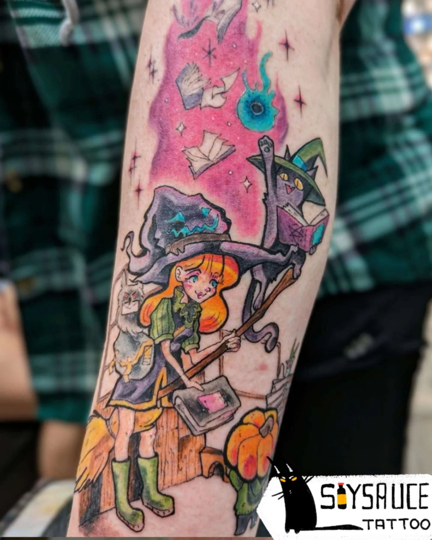 Witch and cat new school tattoo on the forearm by Zoe Aucoin