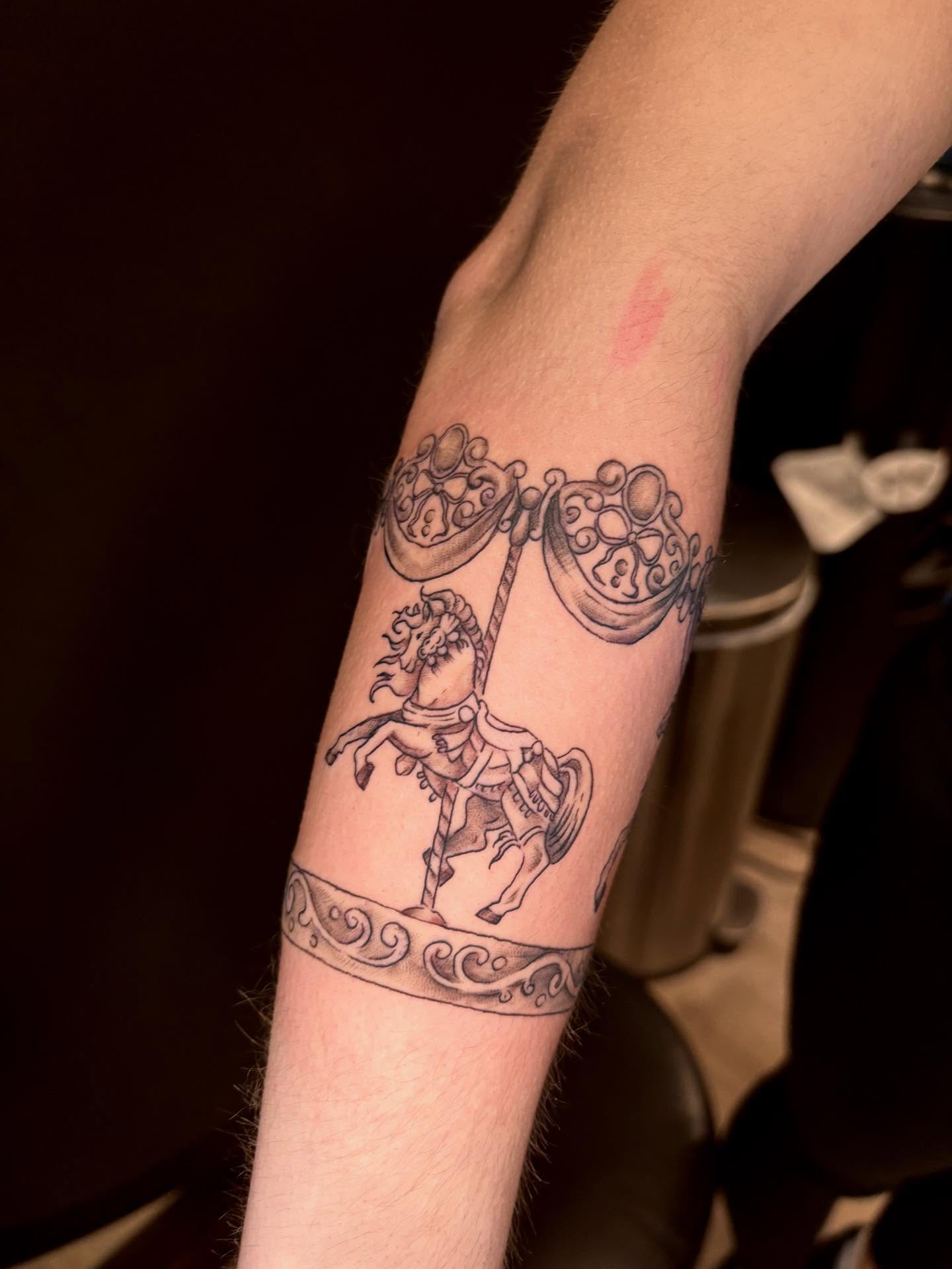 Horseman with shield black and grey tattoo on the forearm by Sage Ray ♡