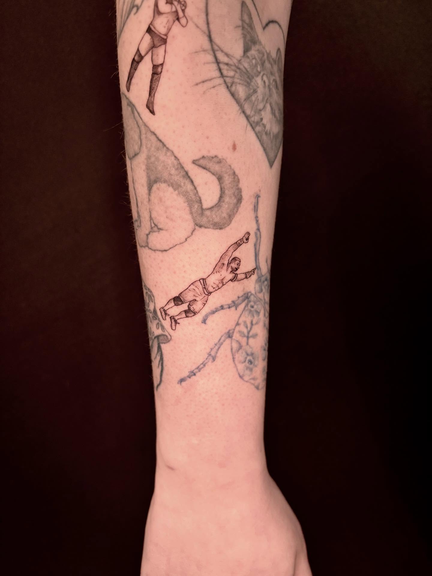Soccer player black and grey tattoo on the forearm by Sage Ray ♡