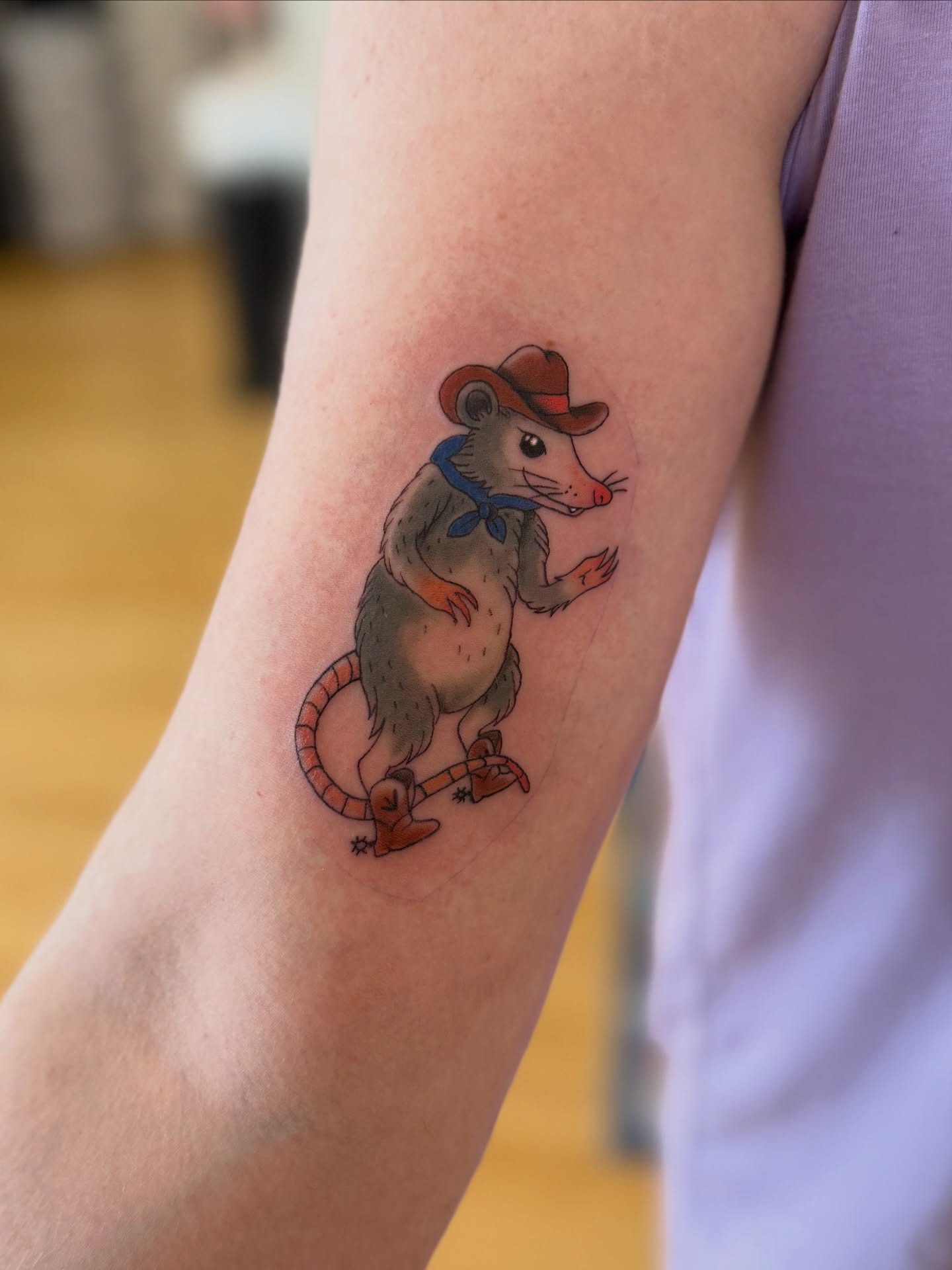 Possum wearing cowboy hat American traditional tattoo on the forearm by Kelsey Lynn▪️Raleigh Tattoo Artist