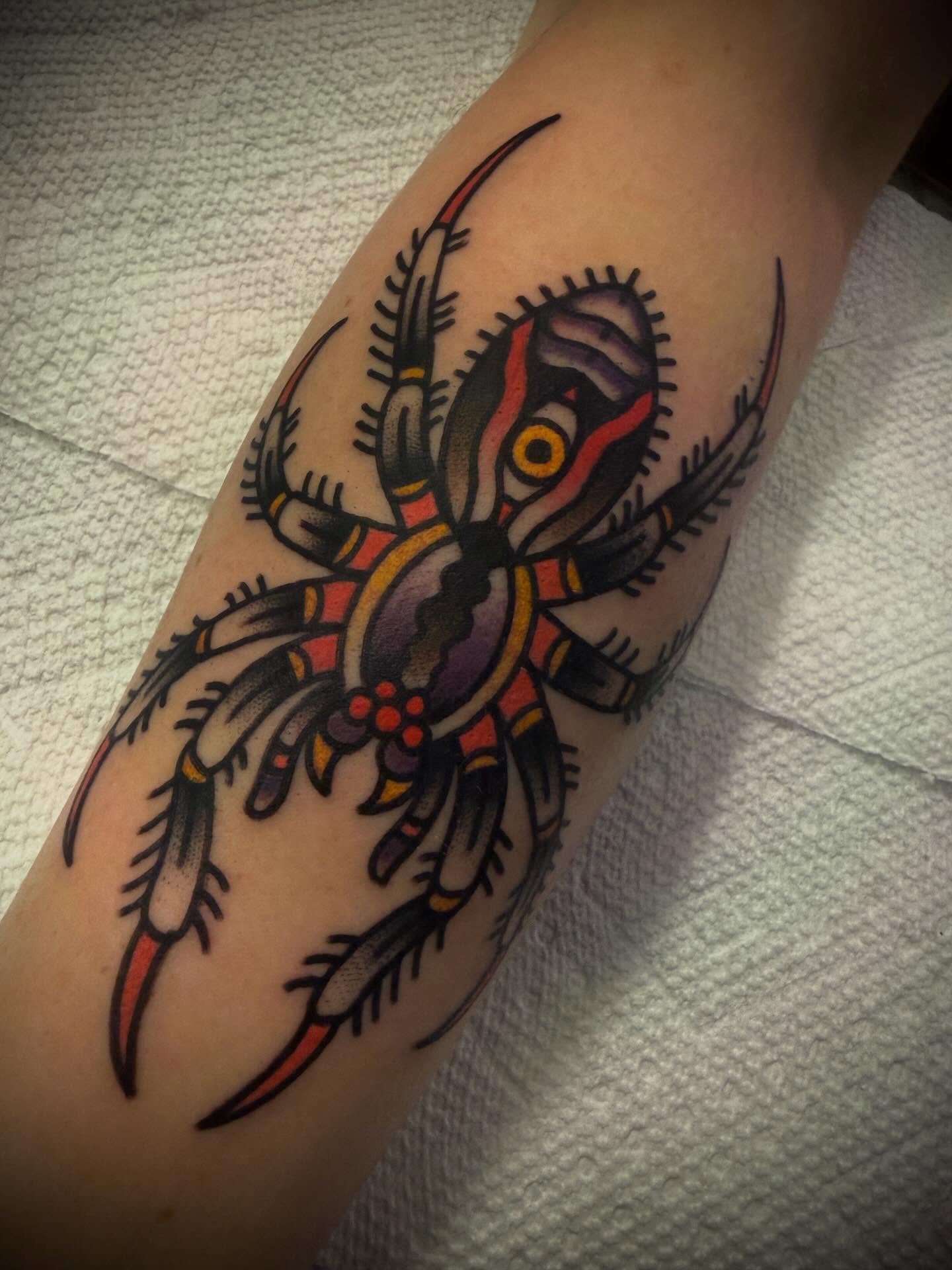 Spider American traditional tattoo on the forearm by Andrew Slater