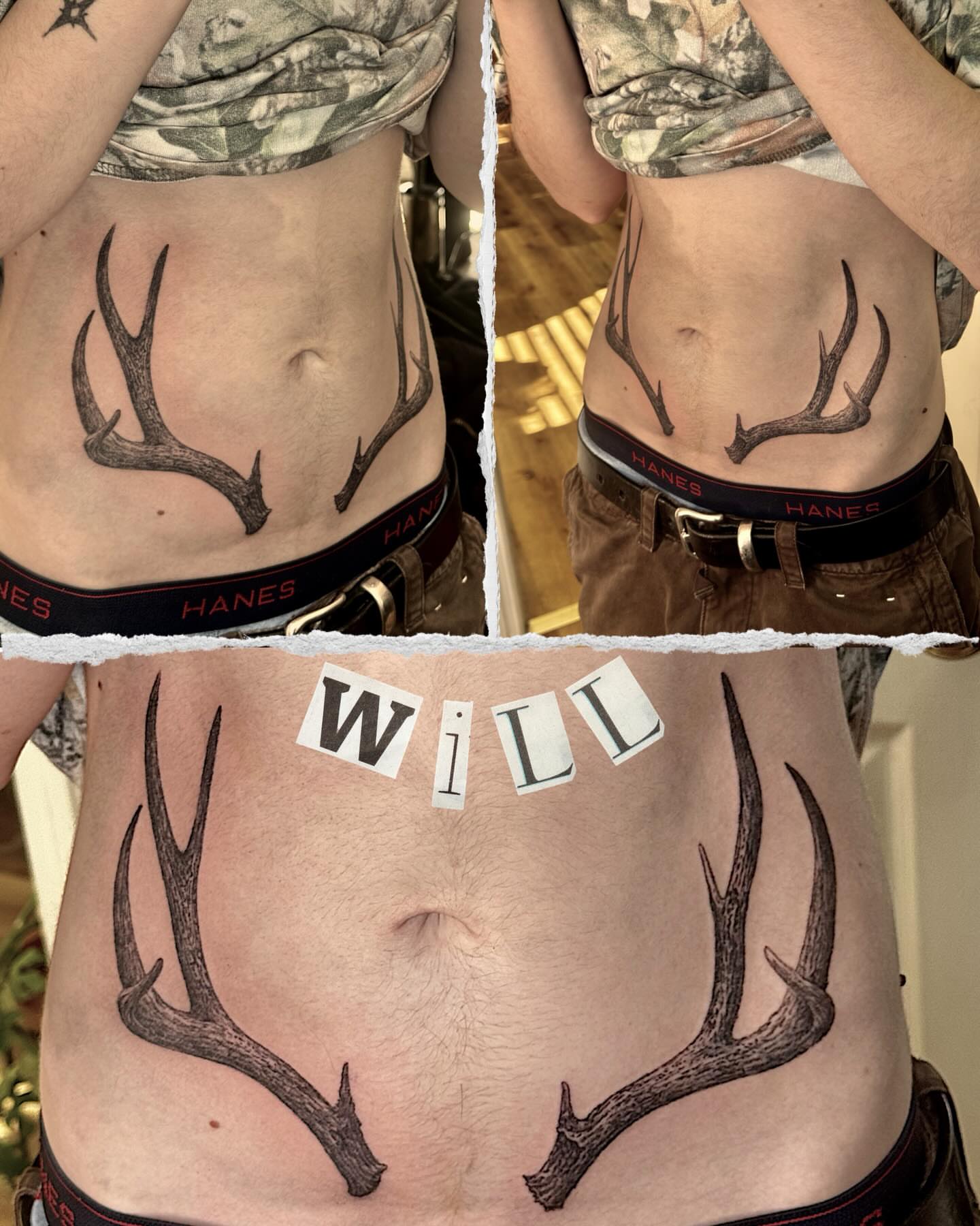 Antlers black and grey tattoo on the torso by William Worley