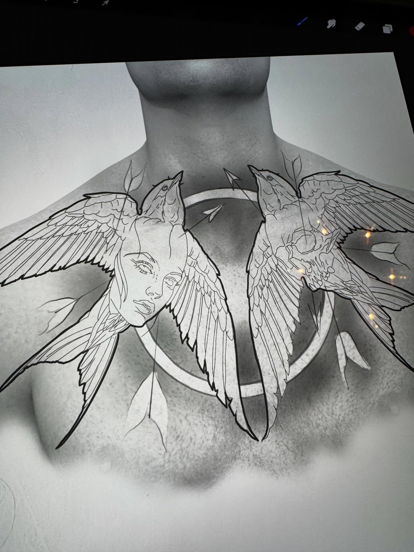 Swallow and woman's face realism tattoo on the chest by Keith Smith