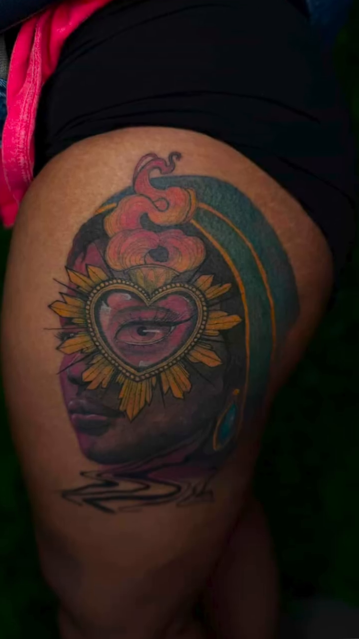 Face and sun realism tattoo by Los Angeles Tattoo Artist