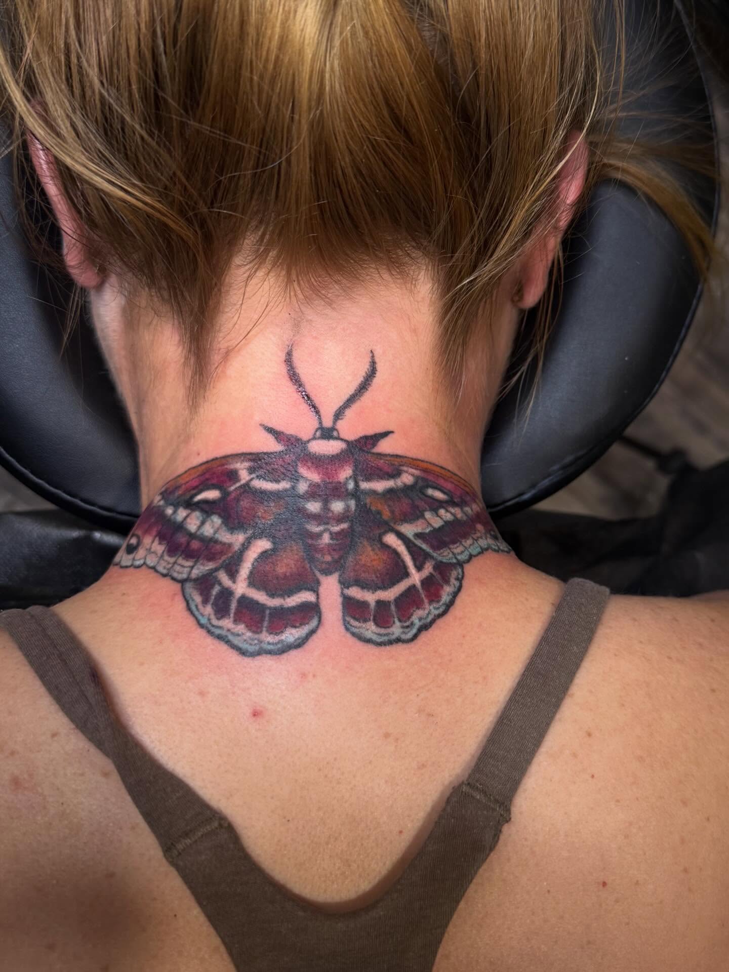 Moth realism tattoo on the neck by Brennan Walker, Orem, Utah