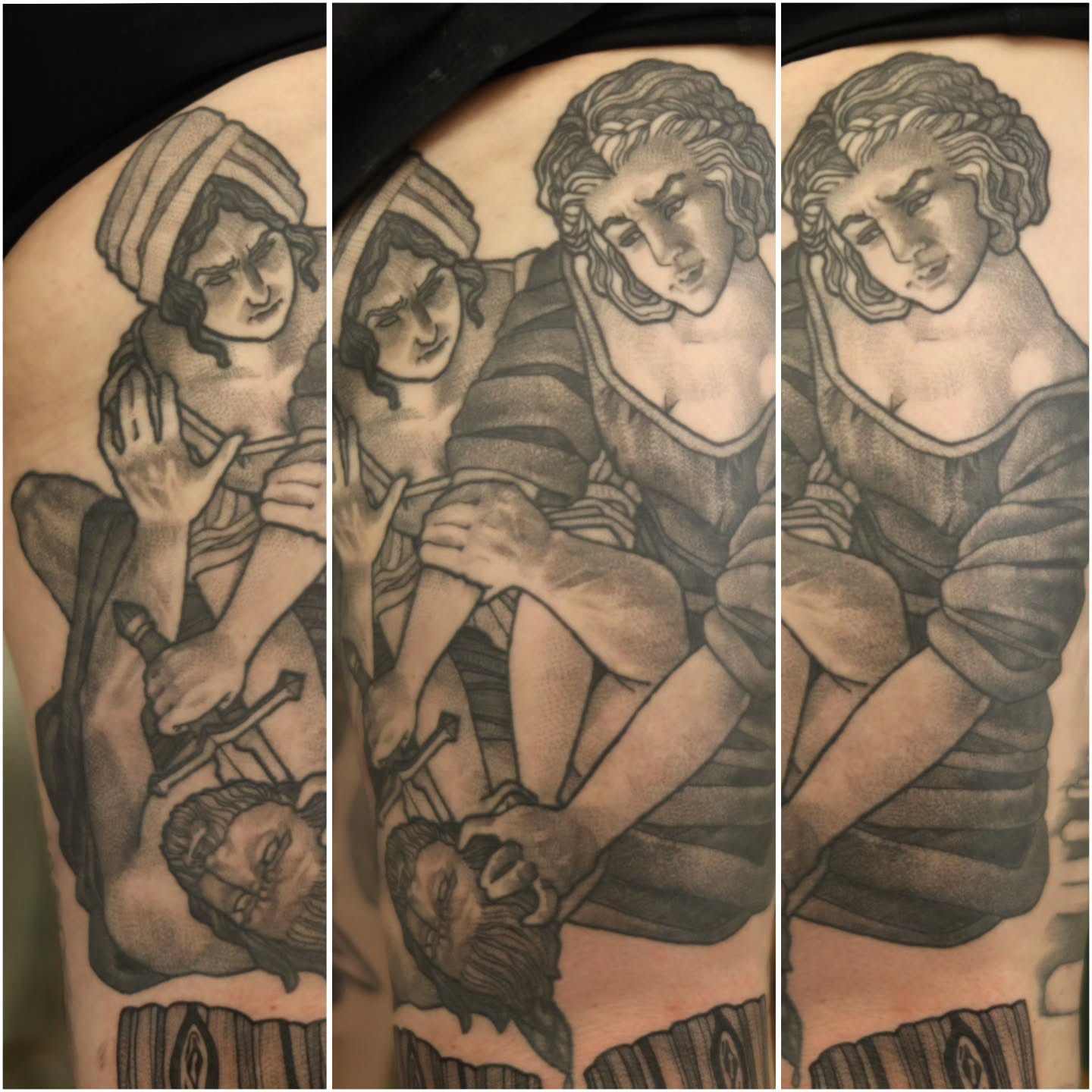 Three women black and grey tattoo on the shoulder by Whitney Tiedeman