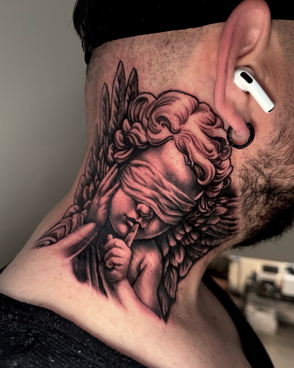 Angel realism tattoo on the neck by Gabriel Quintana “Q”