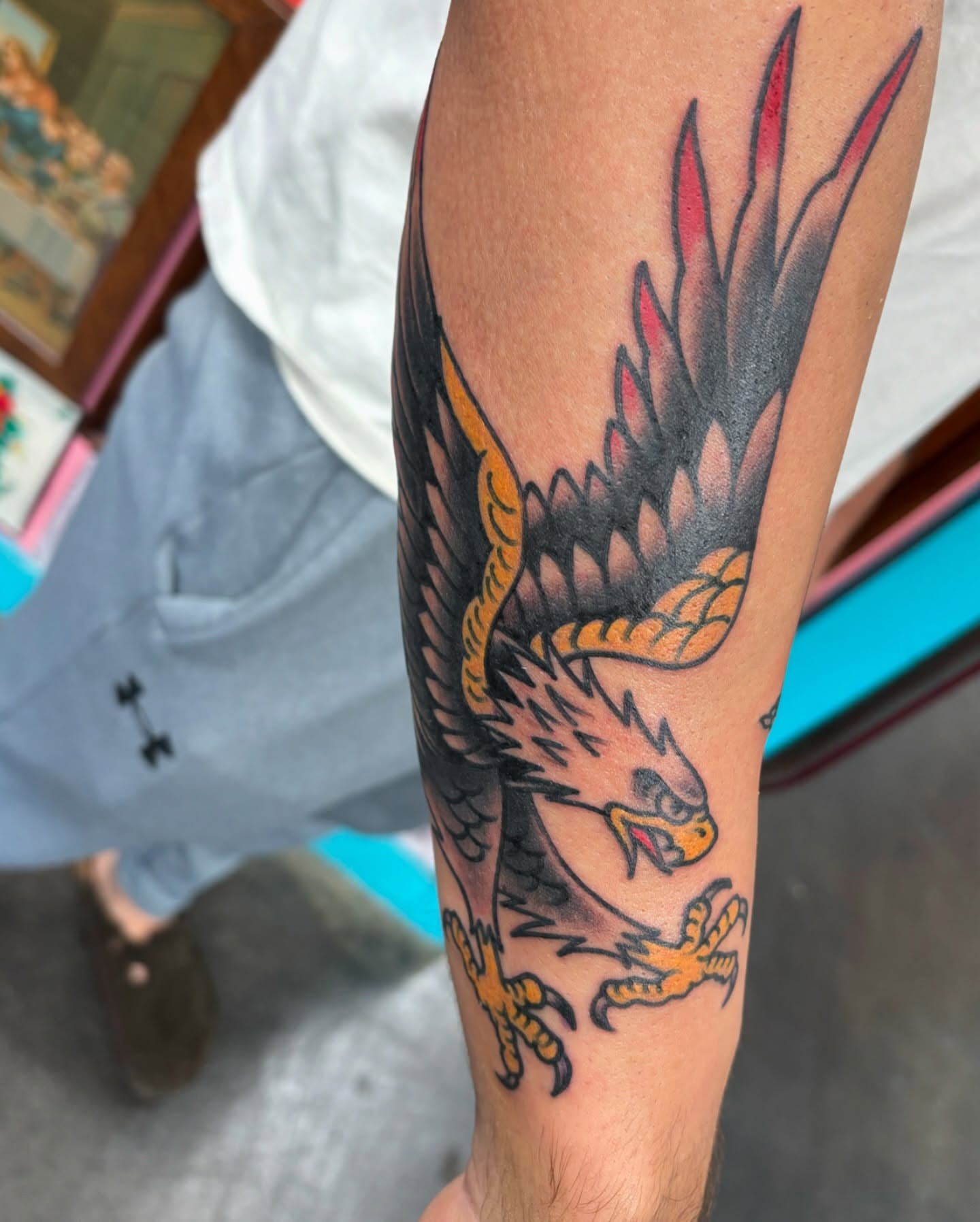 Eagle American traditional tattoo on the forearm by Cody Wallenius, Merrillville, Indiana