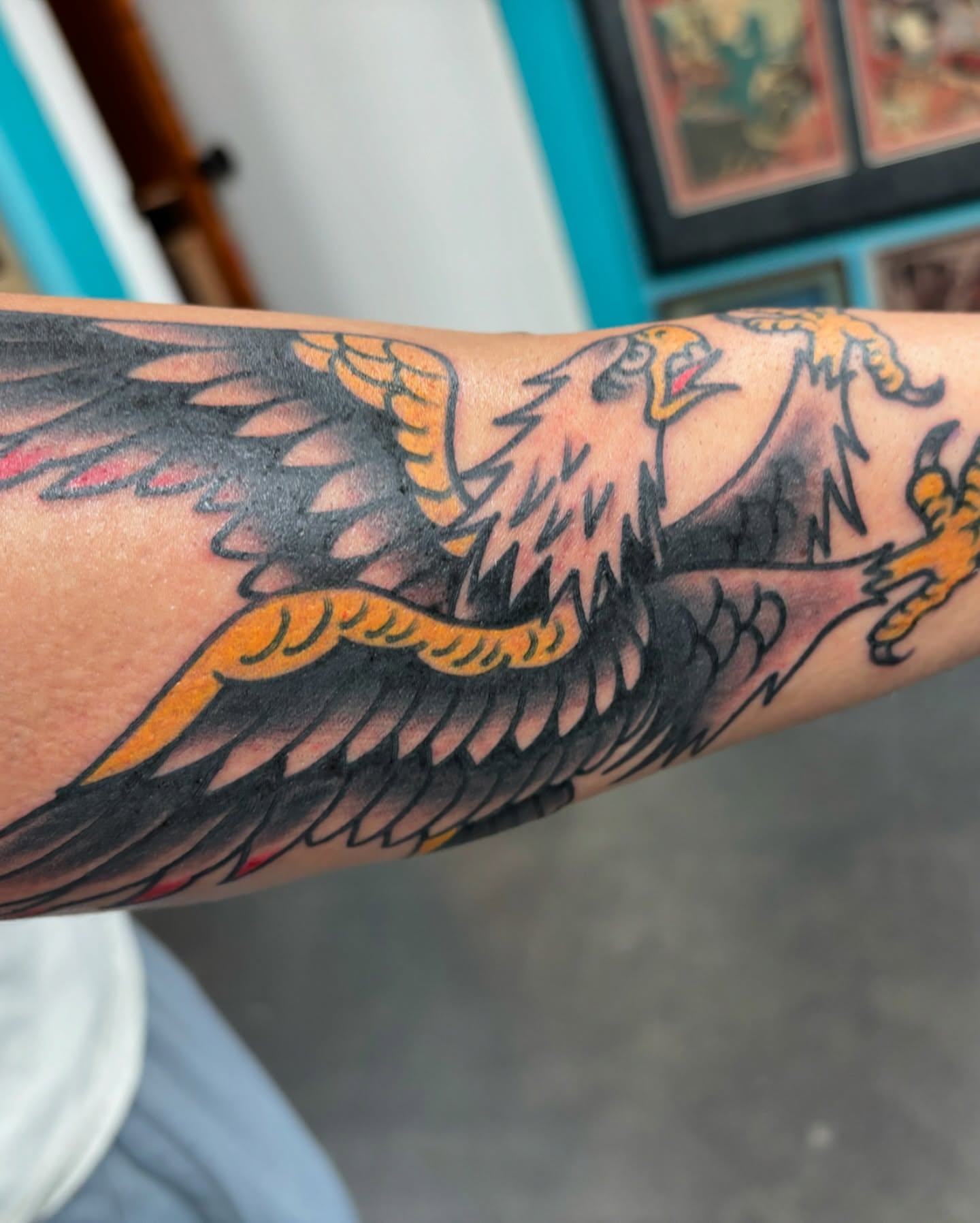 Eagle American traditional tattoo on the forearm by Cody Wallenius, Merrillville, Indiana