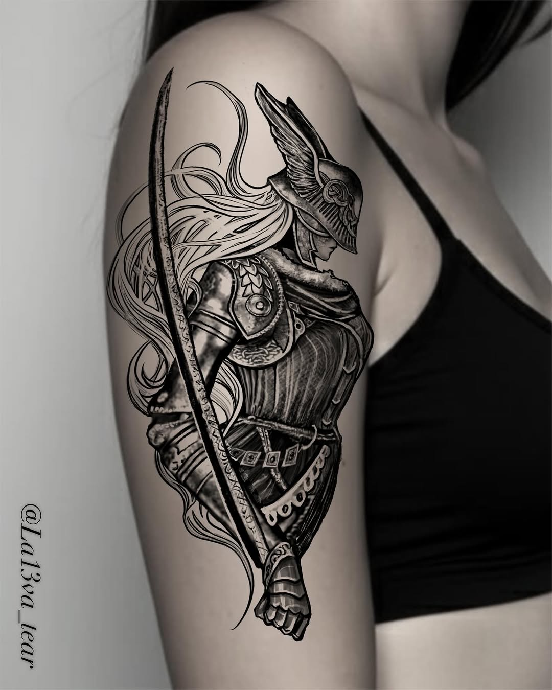 Female warrior with sword and helmet realism tattoo on the thigh by ๐๐ฆ๐ฐ๐ฆ๐