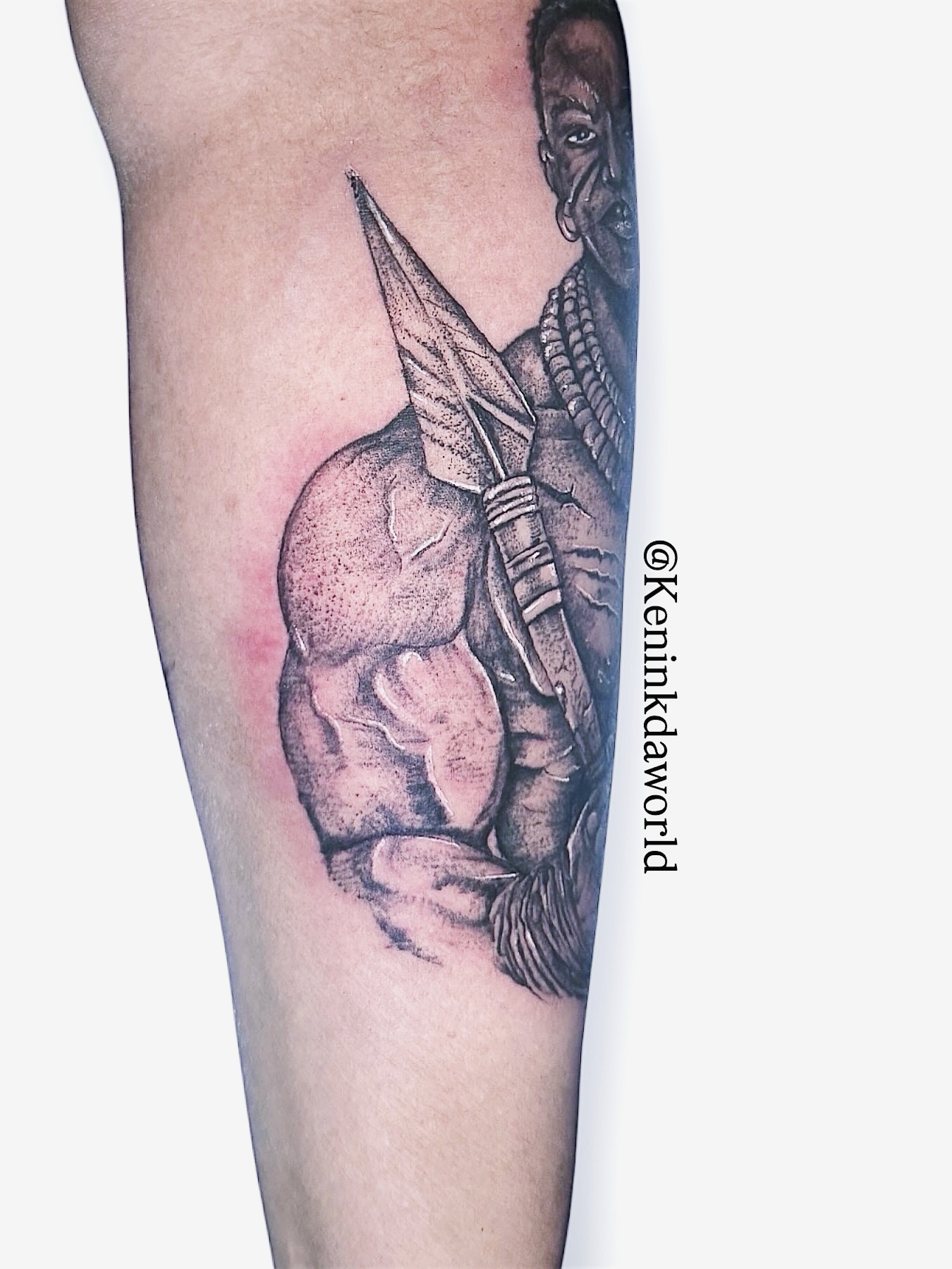 Musketeer dotwork tattoo on the forearm by Ken West