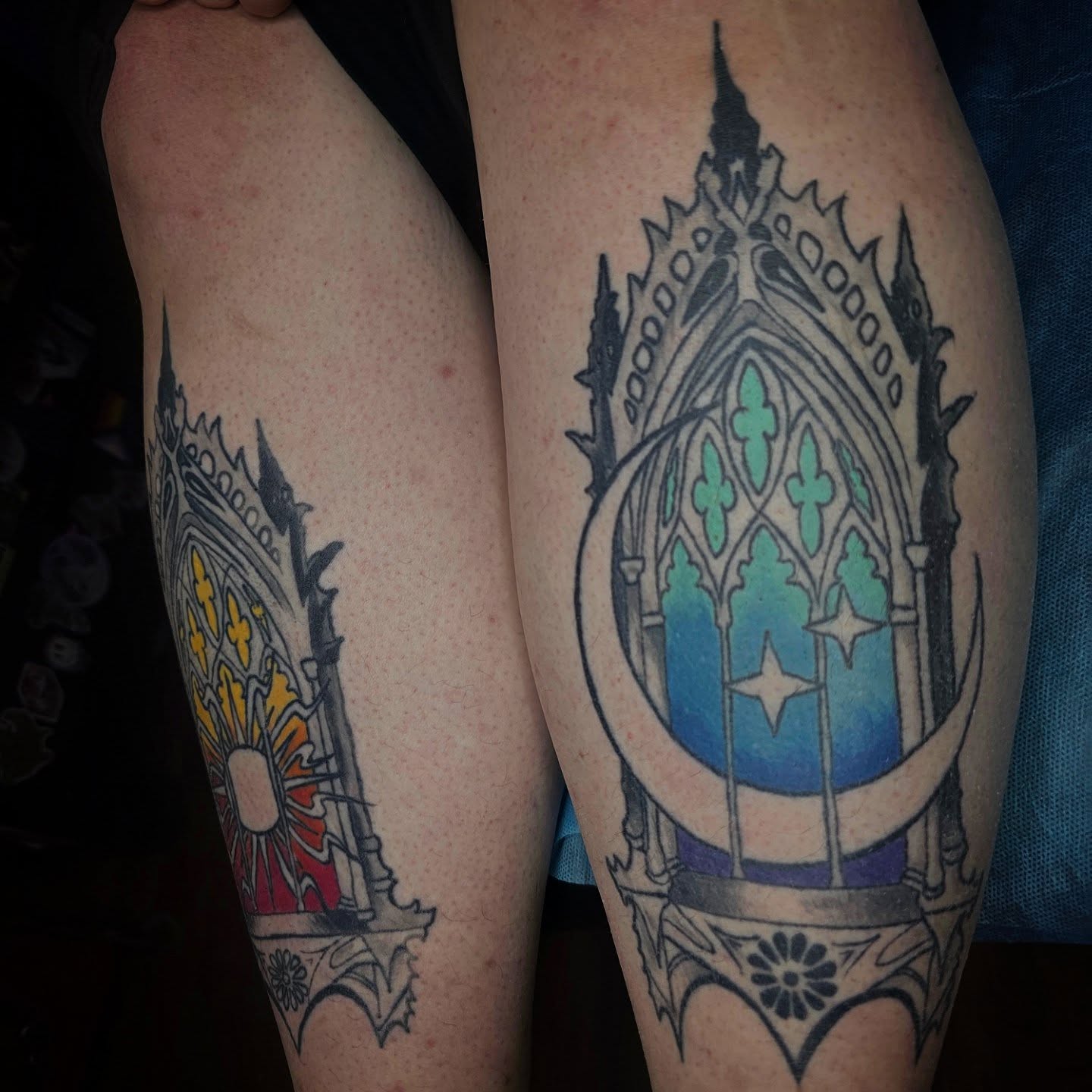 Gothic cathedral watercolor tattoo on the thigh by julian